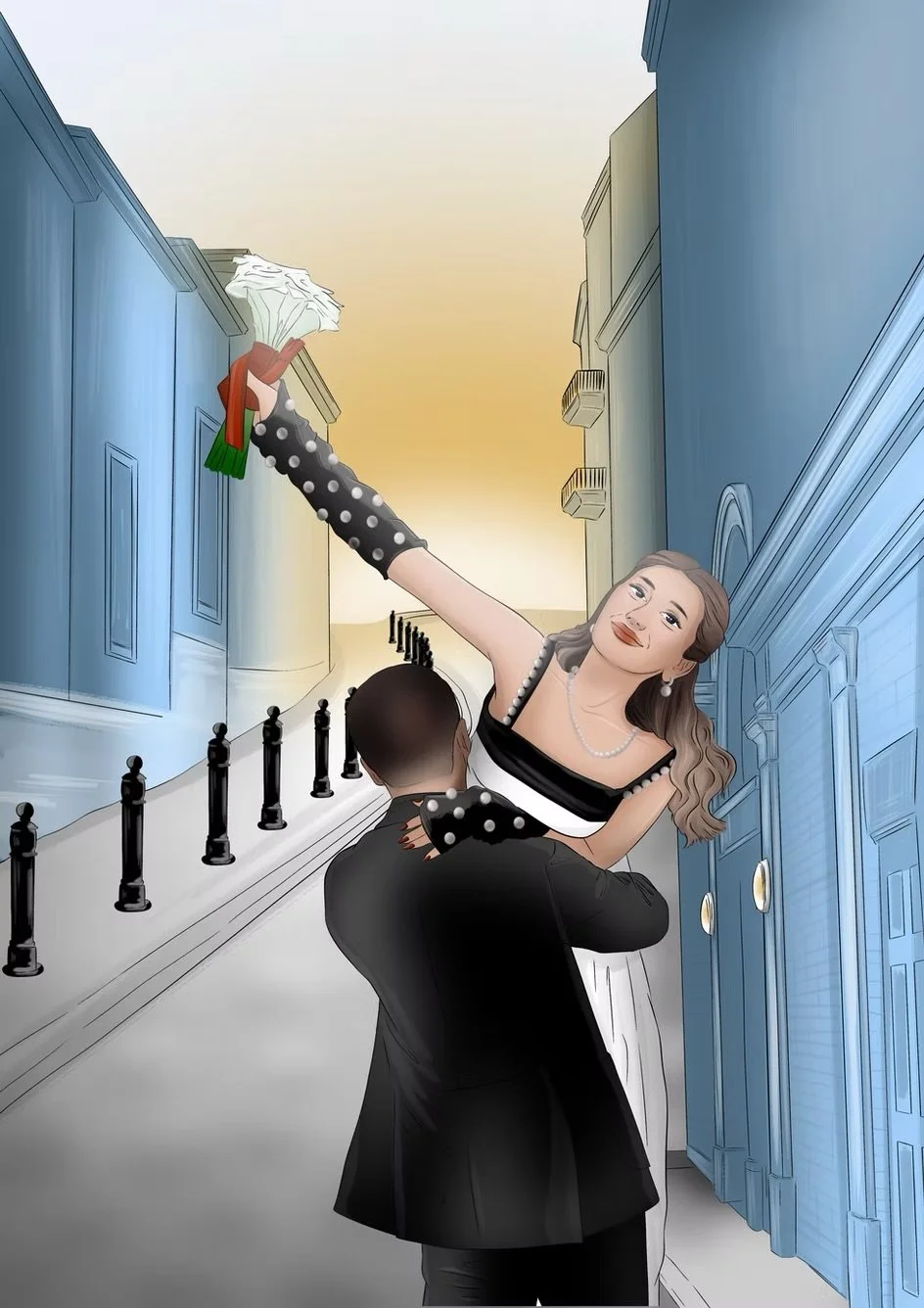 A woman in a white dress and pearl necklace is being lifted by a man in a black suit on a city street, as she reaches to grab tissues from a person on a balcony. The scene appears romantic and elegant.