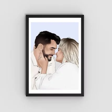 A framed digital artwork of a man and woman facing each other close up, with the woman touching the man's face.