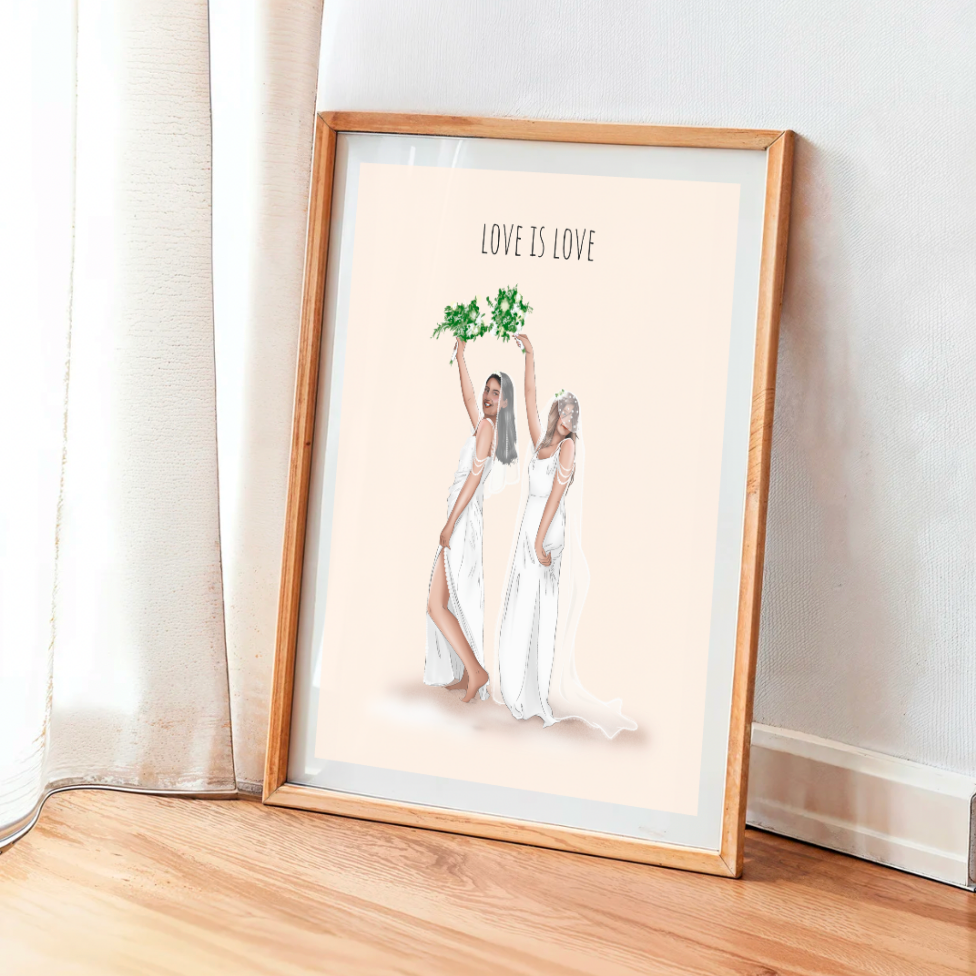A framed artwork leaning against a wall, depicting two women in white dresses with the phrase "LOVE IS LOVE" at the top.