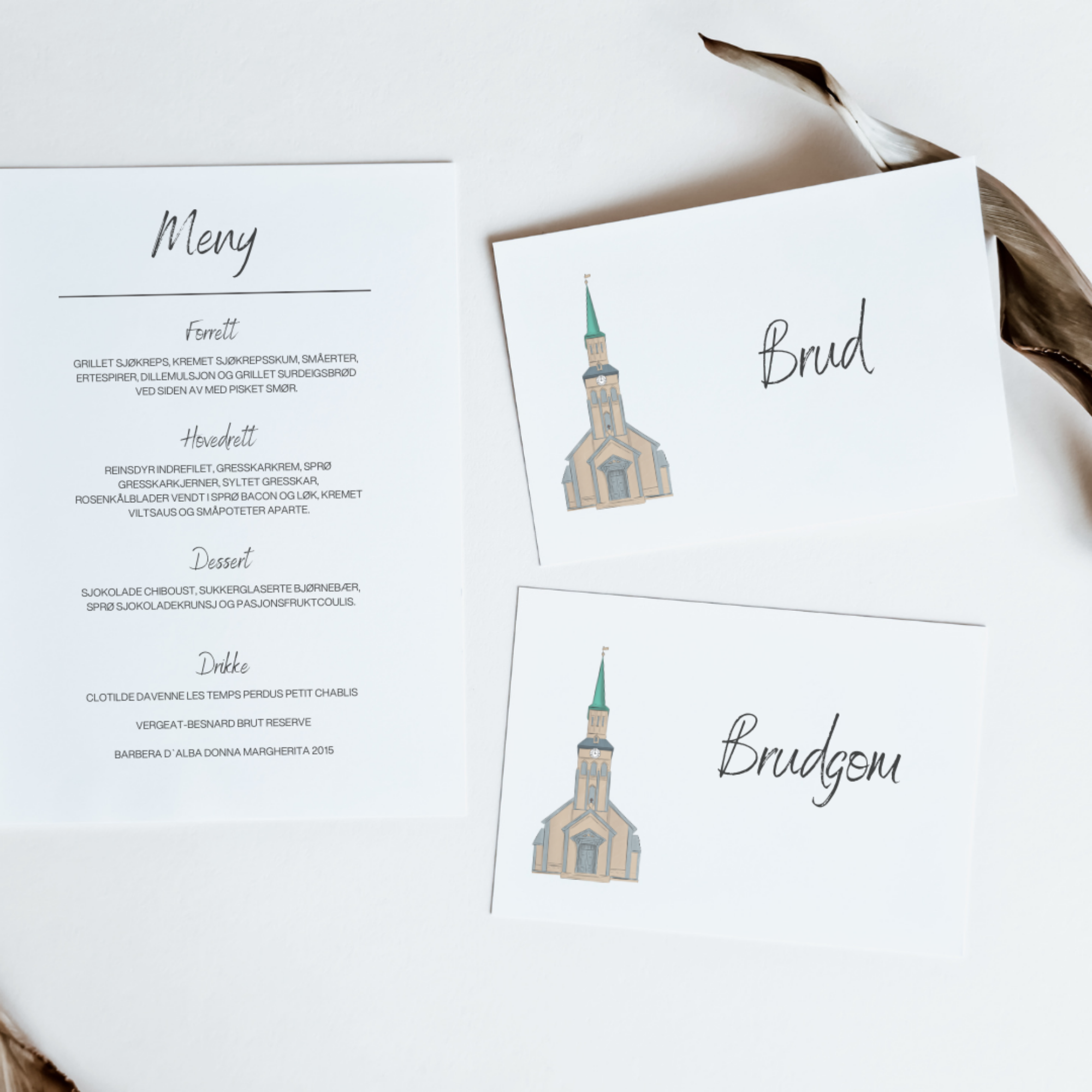 Wedding menu card and place cards with church illustration on a white background.