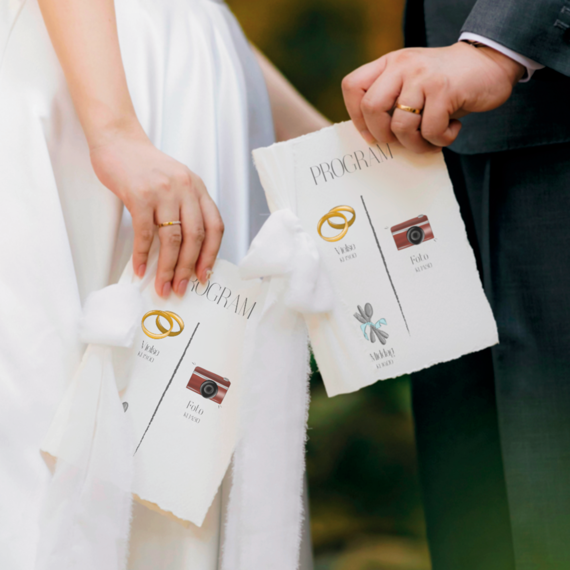 Close-up of hands holding wedding program sheets featuring icons for rings, video, photo, and flowers, with a bride in white and a groom in a dark suit.