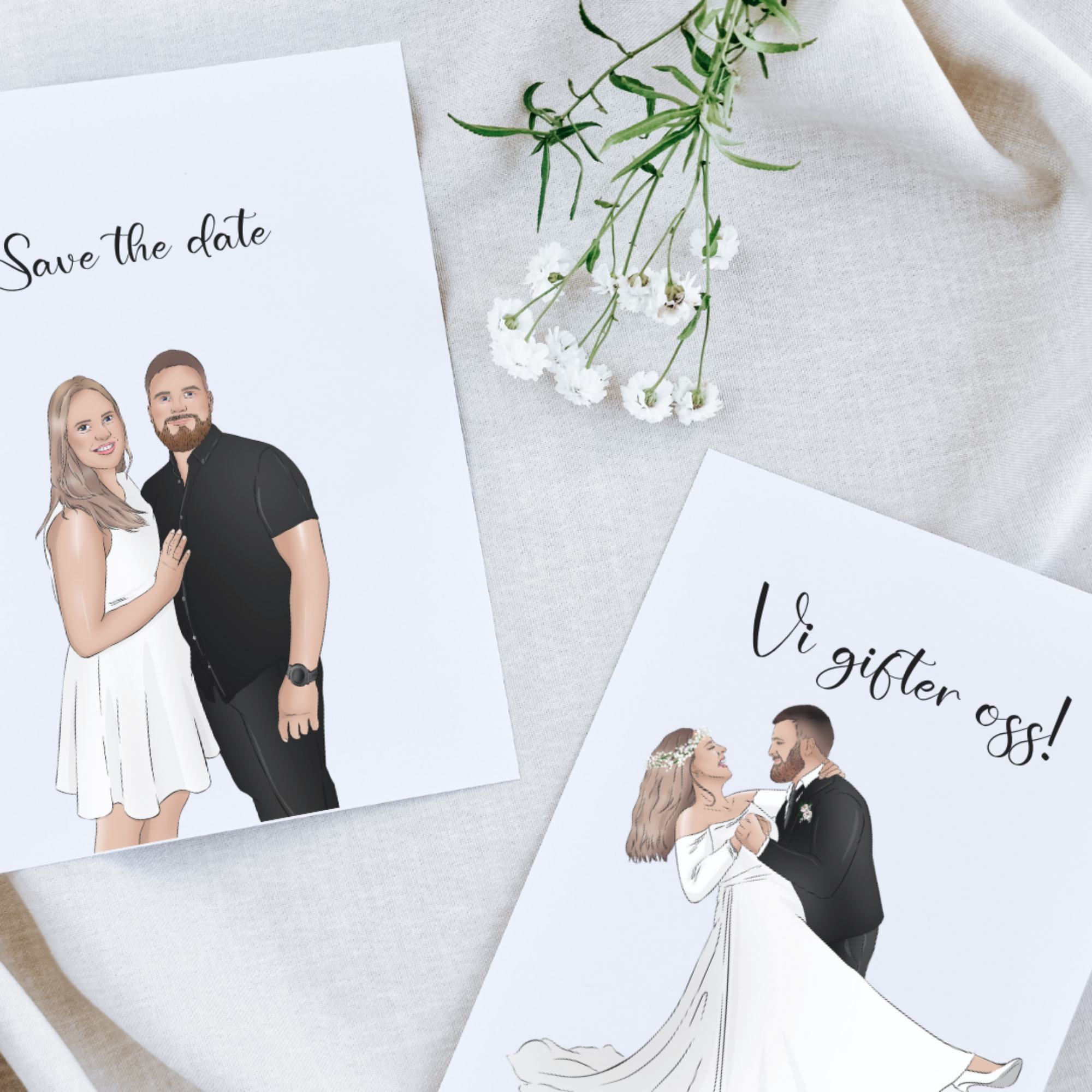 Save the date and wedding greeting cards with illustrated couple on a white background, accompanied by white flowers, on textured fabric.