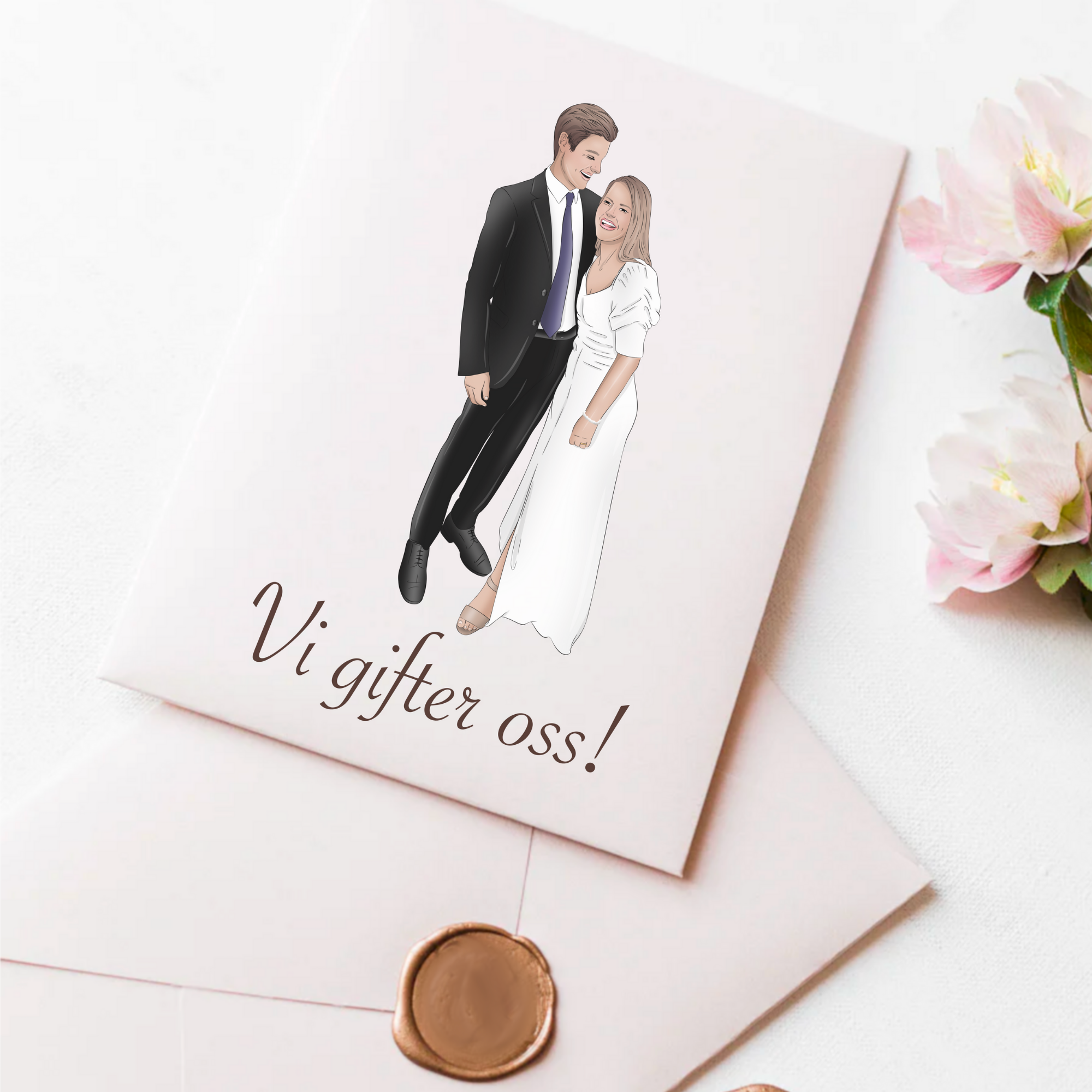 A wedding greeting card featuring a cartoon illustration of a smiling bride and groom standing close together, with the groom in a tuxedo and the bride in a white wedding dress. The card has the words "Vigifter oss!" written on it, placed on an elega