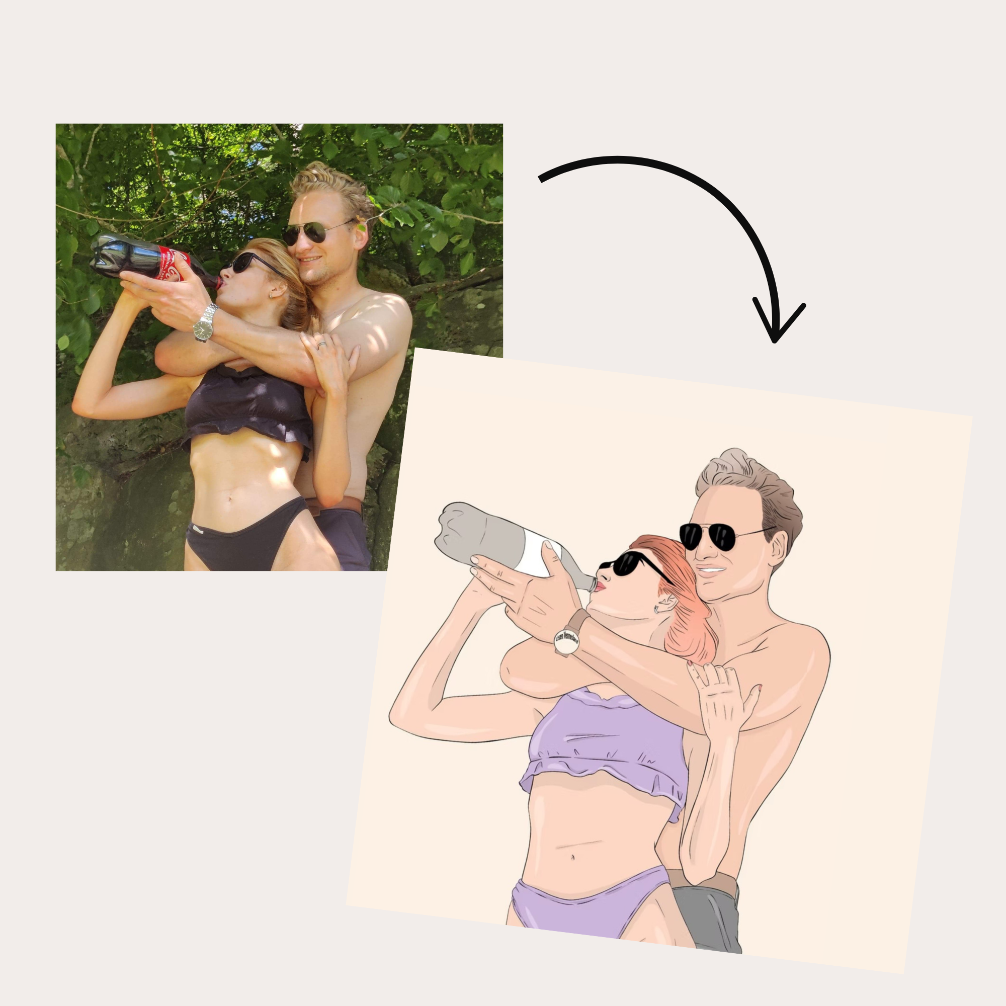 A couple outdoors, the woman in a black outfit drinking from a Coca-Cola bottle, the man shirtless embracing her with sunglasses, trees in the background. An illustrated version shows the same pose with a simplified drawing style.