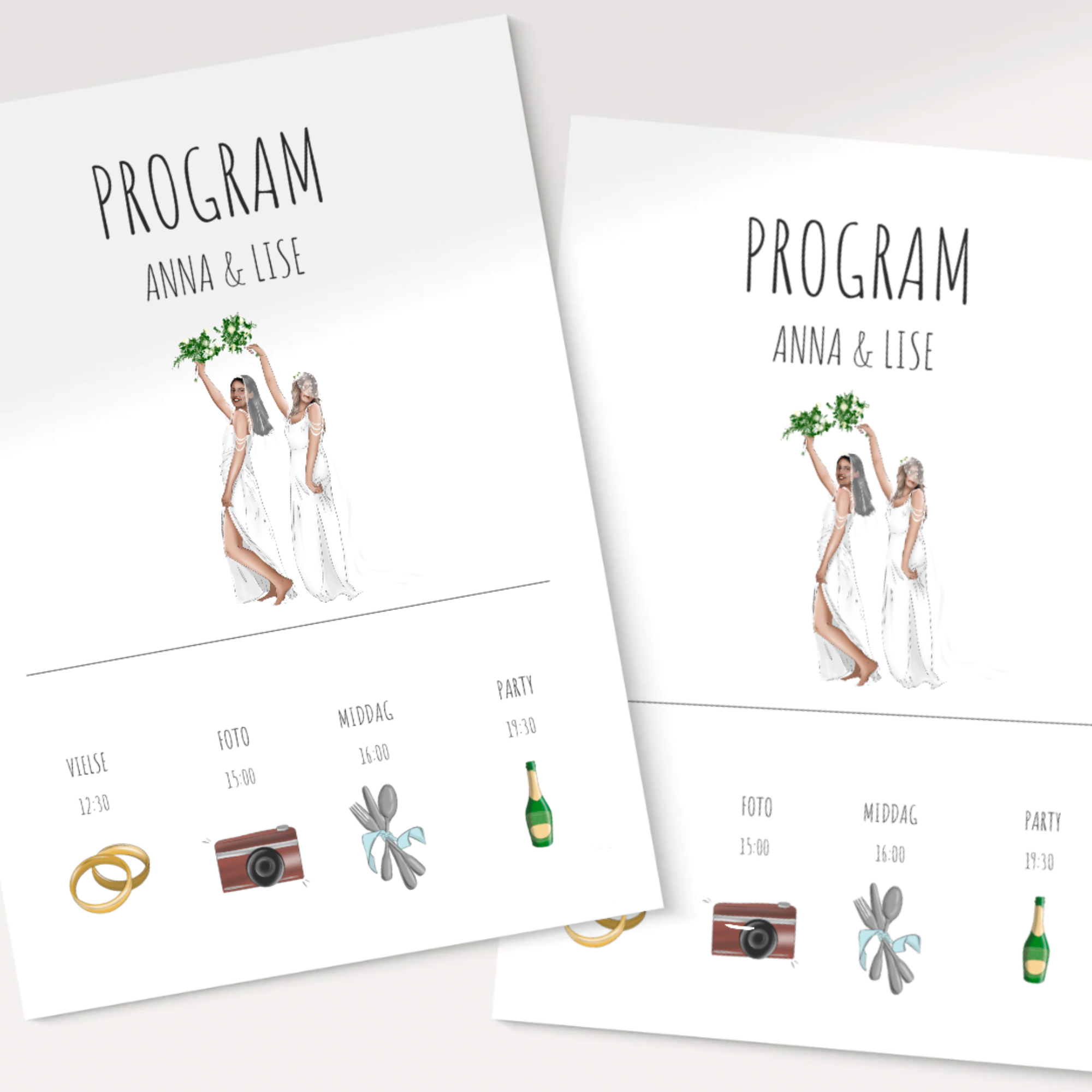 Event program flyers featuring two women in white dresses, holding greenery, with schedule icons at the bottom for rings, camera, utensils, and a champagne bottle.