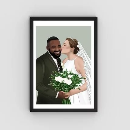 A framed digital illustration of a newlywed couple, with the bride kissing the groom on the cheek, holding a large bouquet of flowers.