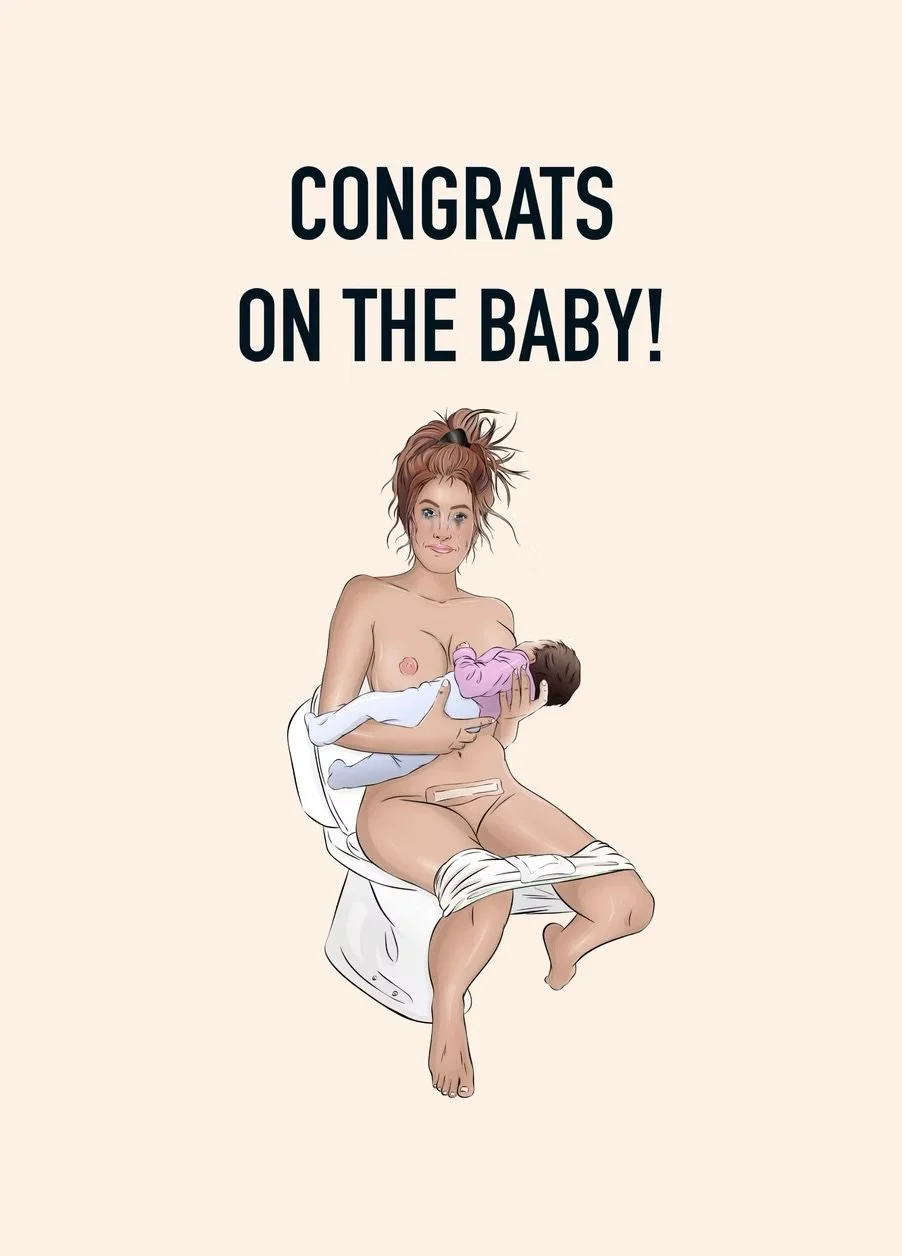 An illustration of a woman with red hair holding a baby, sitting on a toilet, with the text "Congrats on the Baby!" above her.