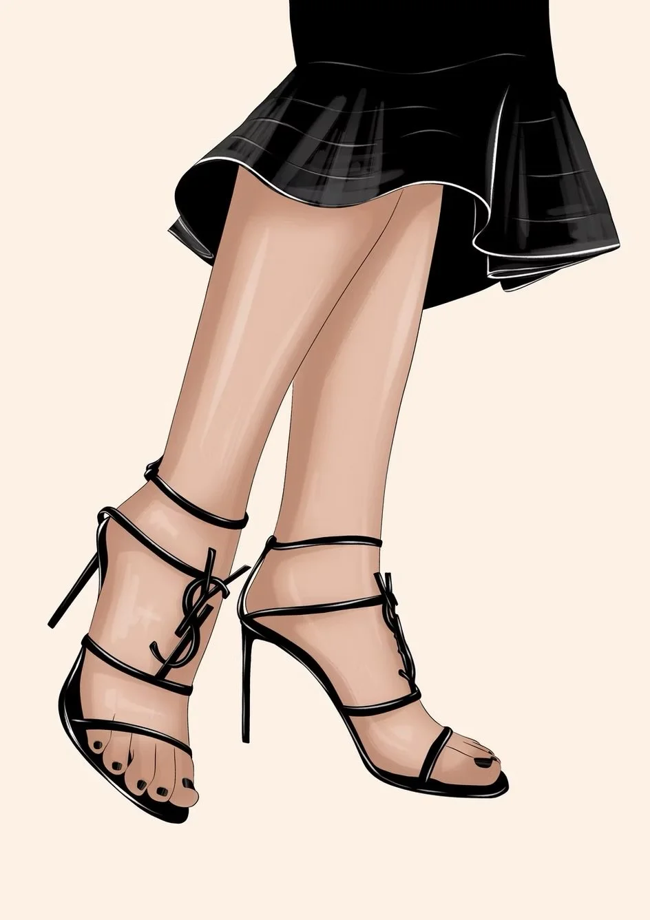 Drawing of a woman's legs wearing black stiletto heels with laces, a short black skirt, and black nail polish.