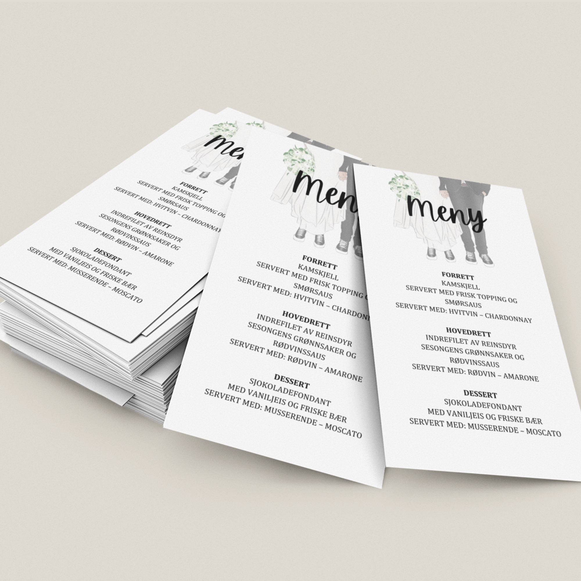 Three menus with a graphic of a dressed couple, featuring the word 'meny' at the top, with text in Norwegian listing the food items and descriptions.