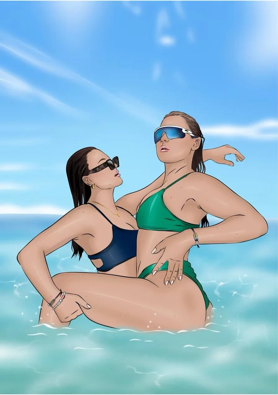Two women in bikinis and sunglasses posing in the water at the beach with a blue sky background.