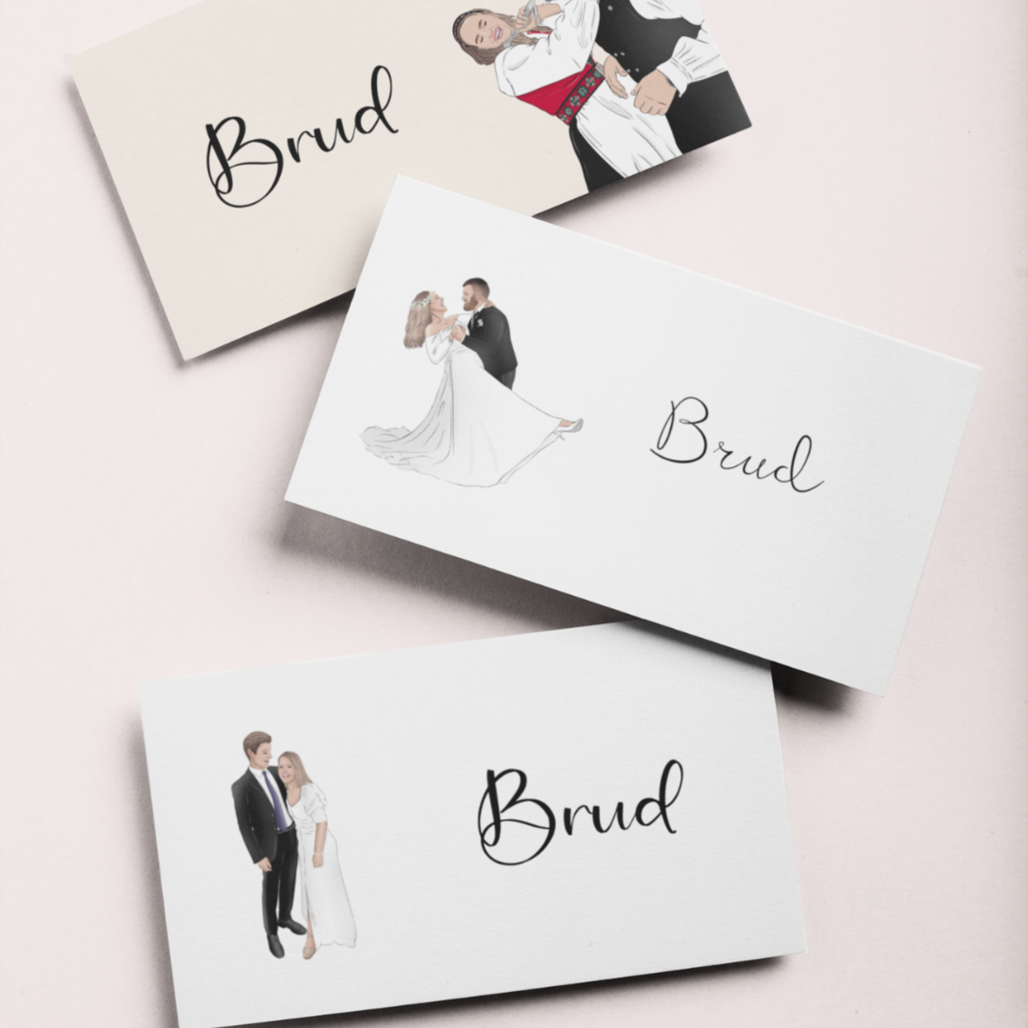Three wedding cards with illustrations of a bride and groom, and the word 'Brud' written on each.