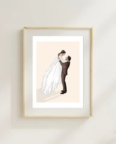 Framed illustration of a bride and groom, with the bride lifting her veil while the groom looks up at her.
