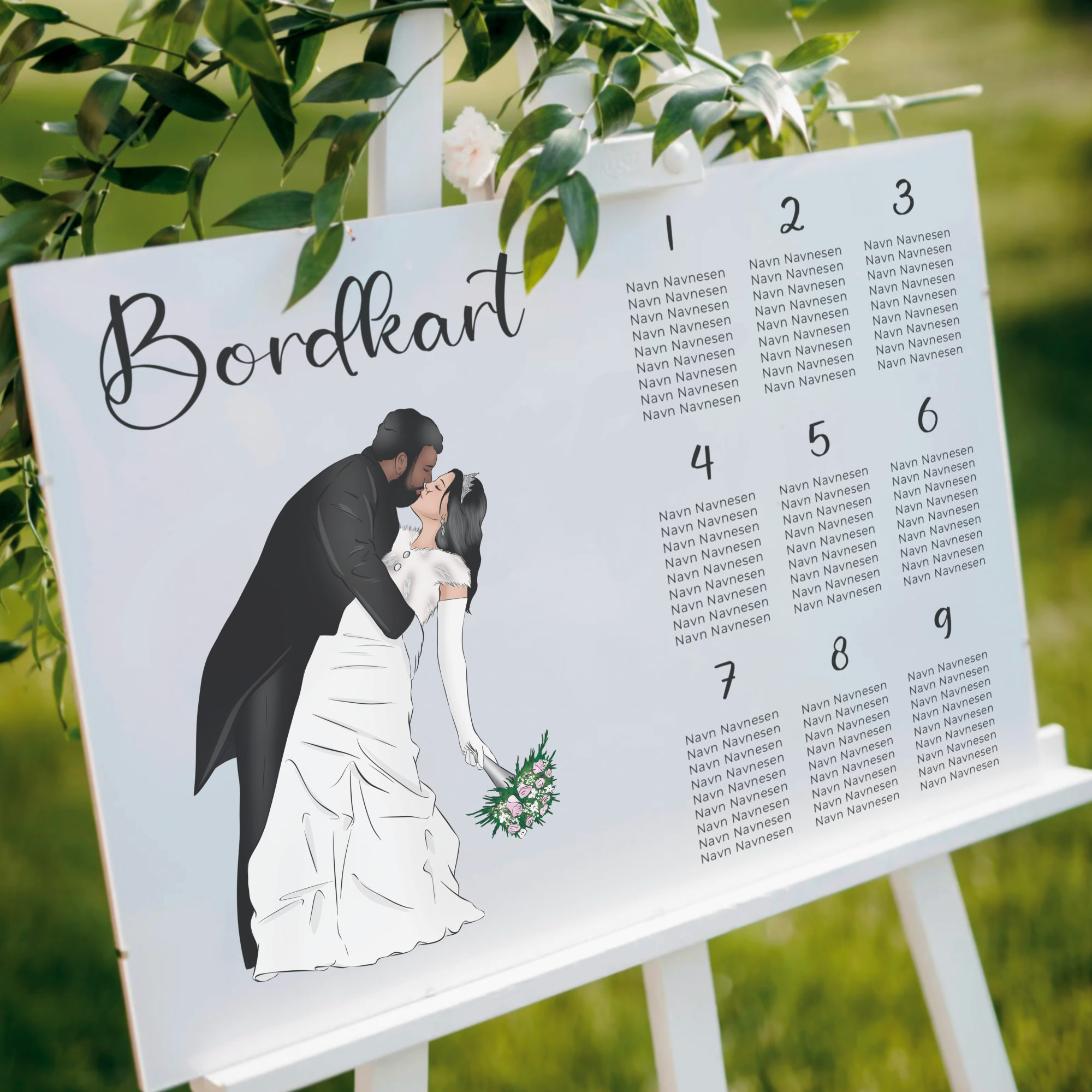 Wedding seat chart with illustration of a bride and groom kissing, labeled 'Bordkort', and numbered list of guest names.
