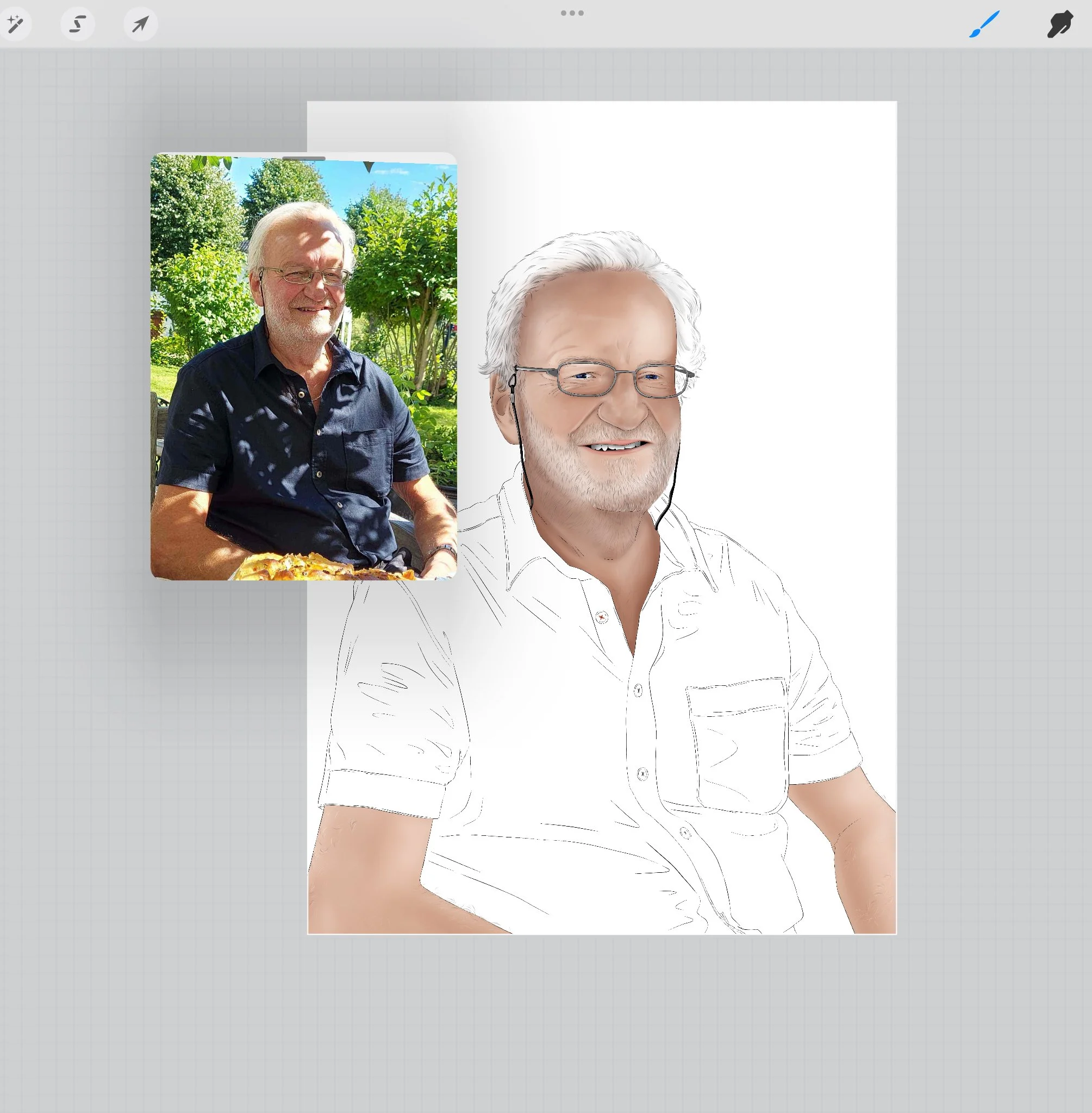 A digital drawing of an older man with white hair, glasses, and a beard, wearing a button-up shirt, with a real-life photo of the same man sitting outdoors with greenery in the background. The drawing is in progress with the facial features mostly detailed, but the clothing and body outline still incomplete.