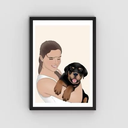 Illustration of a woman smiling while holding a puppy in front of a white background.