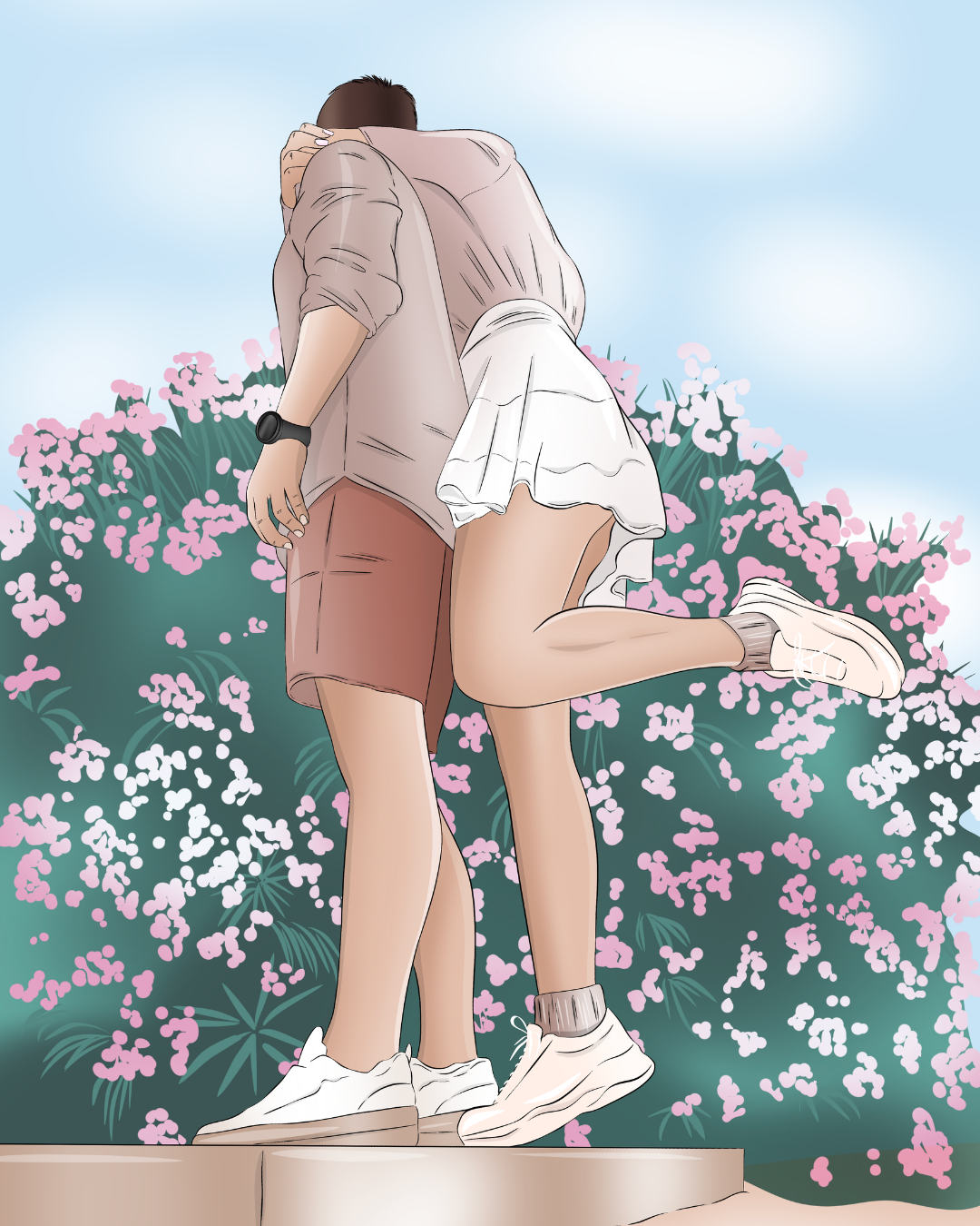 A digital illustration of a couple embracing outdoors on a pedestal with pink flowers in the background, and the woman lifting her leg while the man wears a watch.