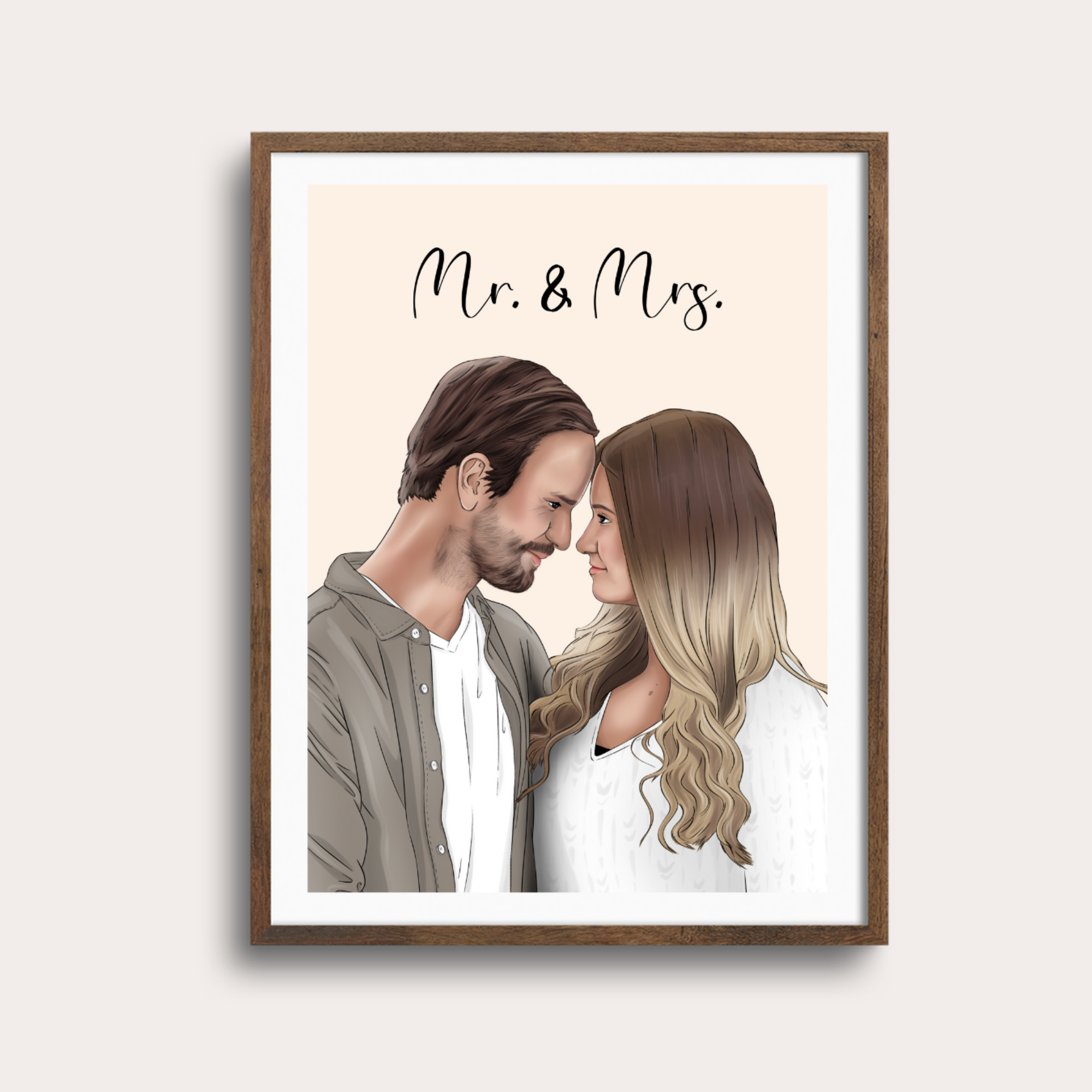 Framed digital illustration of a couple with foreheads touching, labeled 'Mr. & Mrs.'