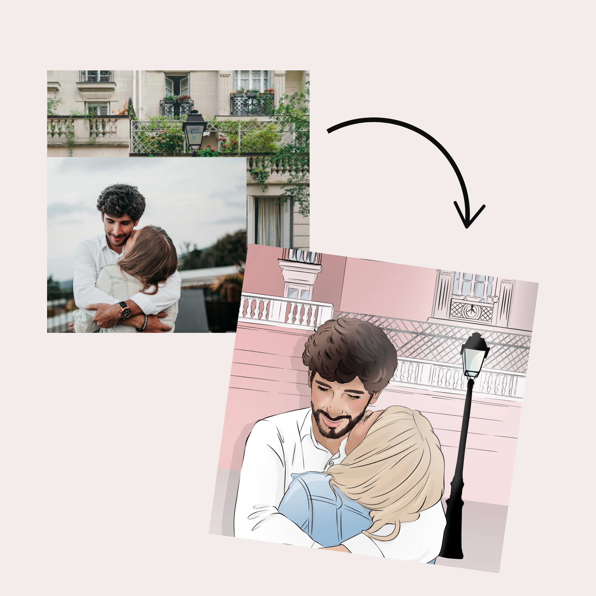 Two photo collages showing a young man hugging a woman outdoors and another of the same man hugging a woman outdoors at night, with an arrow indicating transformation from photo to illustration.
