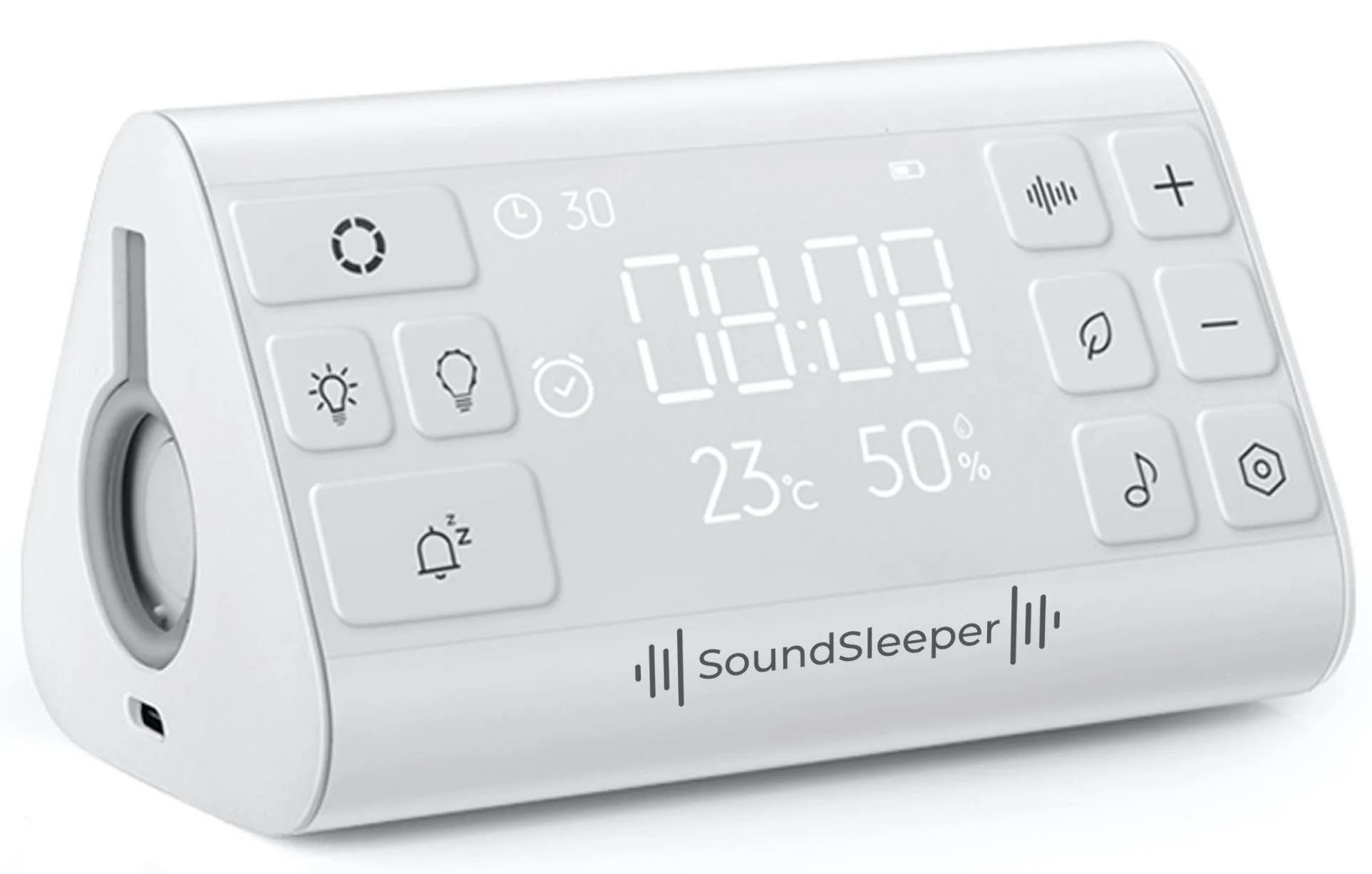 A white digital SoundSleep relaxation device with various buttons and a large display showing time, temperature, and humidity.