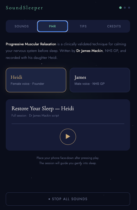 Screenshot of the Soundsleeper app interface with options to choose sounds for sleep relaxation, featuring Dr. James Mackin's progressive muscular relaxation technique, and options to select Heidi or James as voice guides.