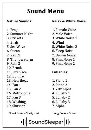Sound menu with categories for nature sounds, relaxation sounds, and lullabies, listing various sounds under each, including frogs, crickets, birds, sea waves, rain, thunderstorm, brook, fireplace, heartbeat, fan sounds, metronome, washing, shusher, female and male voices, white noise, wind, sleep background noise, brown noise, pink noise, and alpha sounds.