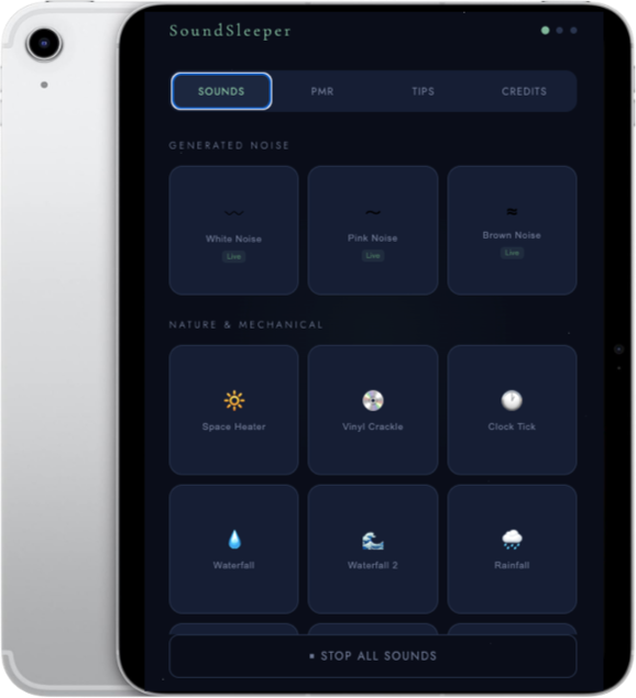 Tablet screen displaying the SoundSleeper app with sound options including White Noise, Pink Noise, Brown Noise, Space Heater, Vinyl Crackle, Clock Tick, Waterfall, Waterfall 2, and Rainfall.