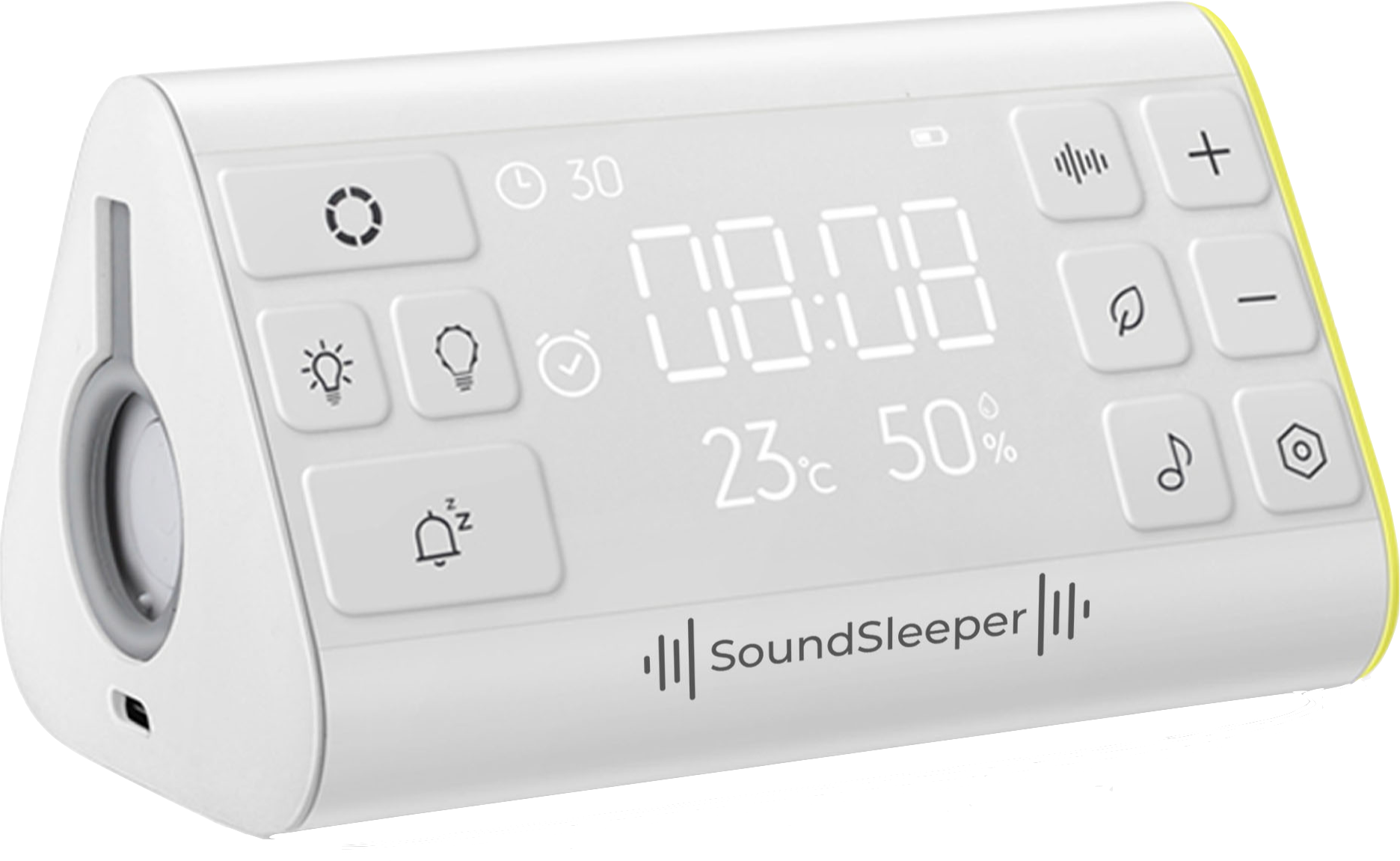 A white SoundSleep alarm clock with a digital display showing 07:18, temperature 23°C, and humidity 50%. It has buttons for light, sound, snooze, and volume control, along with additional feature icons.