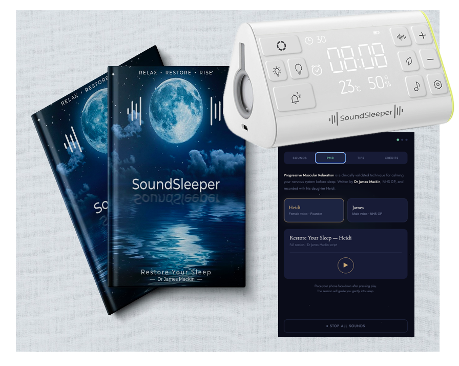 A set of two SoundSleeper booklets, a white electronic sleep device, and a smartphone displaying a sleep app showing a relaxing scene, time, temperature, and humidity.