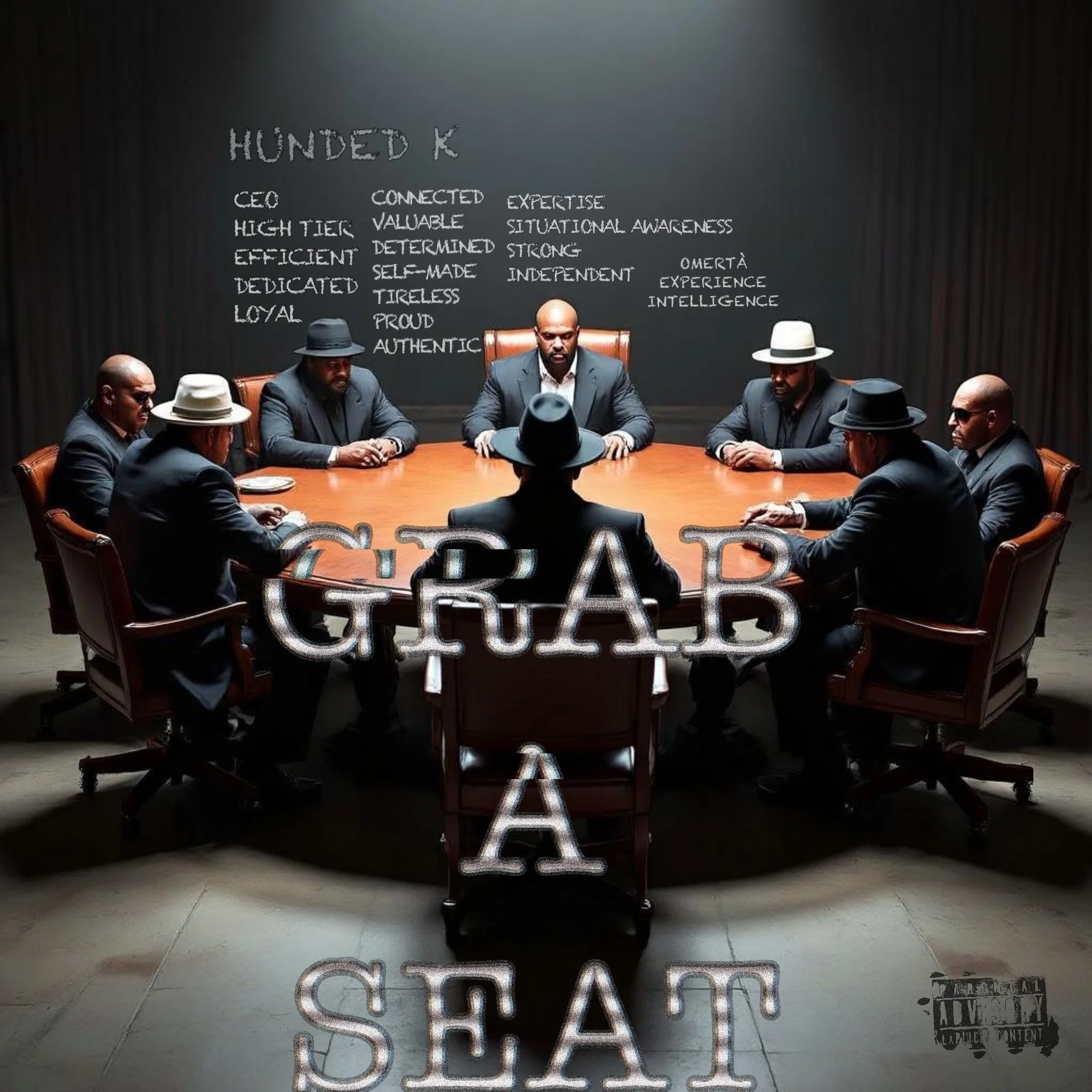 A group of men in suits and hats sit around a large conference table in a dark room. The man at the head of the table faces the camera, with others facing him. There is a blackboard behind them with words describing traits such as 'loyal,' 'dedicated,' and 'authentic.' Overlaid text in a metallic style reads 'GROOM A GAT,' with a parental advisory label in the bottom right corner.
