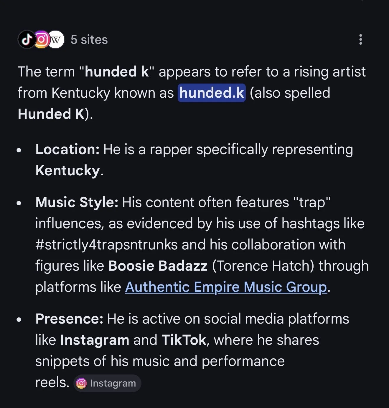 Text explaining the term 'hundred k' and its association with a rapper from Kentucky, including details about his music style, presence on social media platforms like Instagram and TikTok, and collaboration with figures like Boosie Badazz.