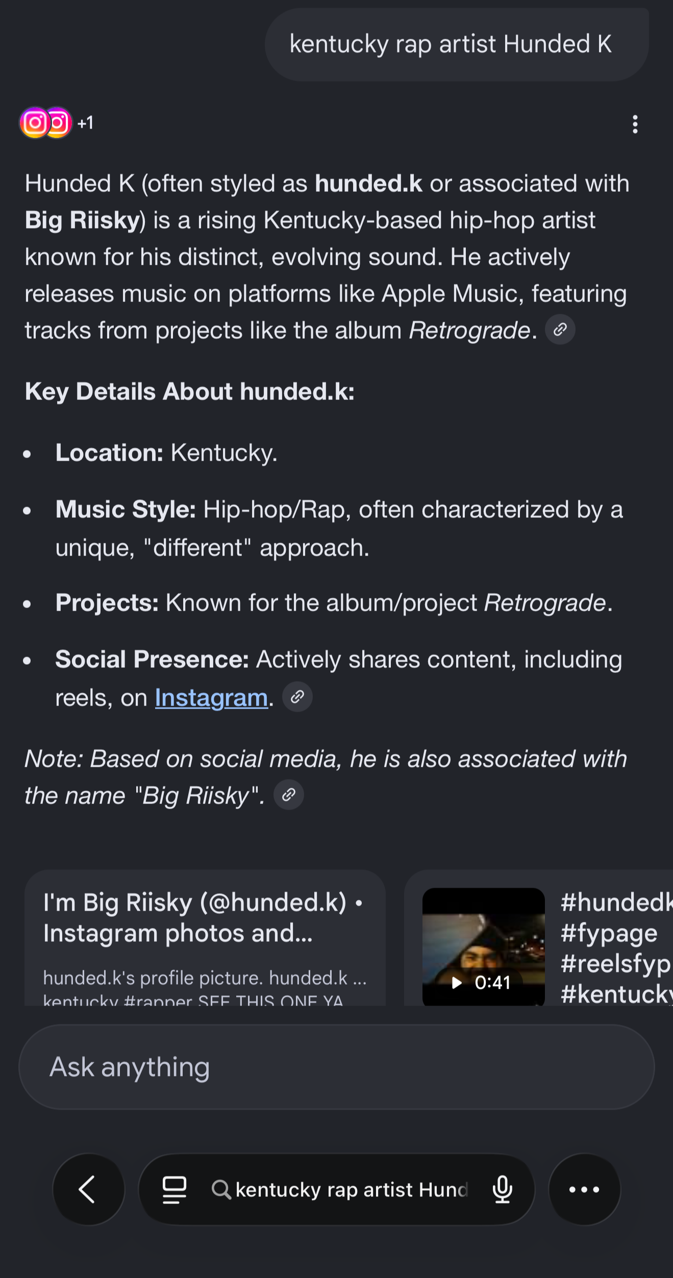 Social media profile and informational text about Kentucky rap artist Hunded K, also known as Big Riisky, highlighting his location in Kentucky, music style, projects, and social media presence.