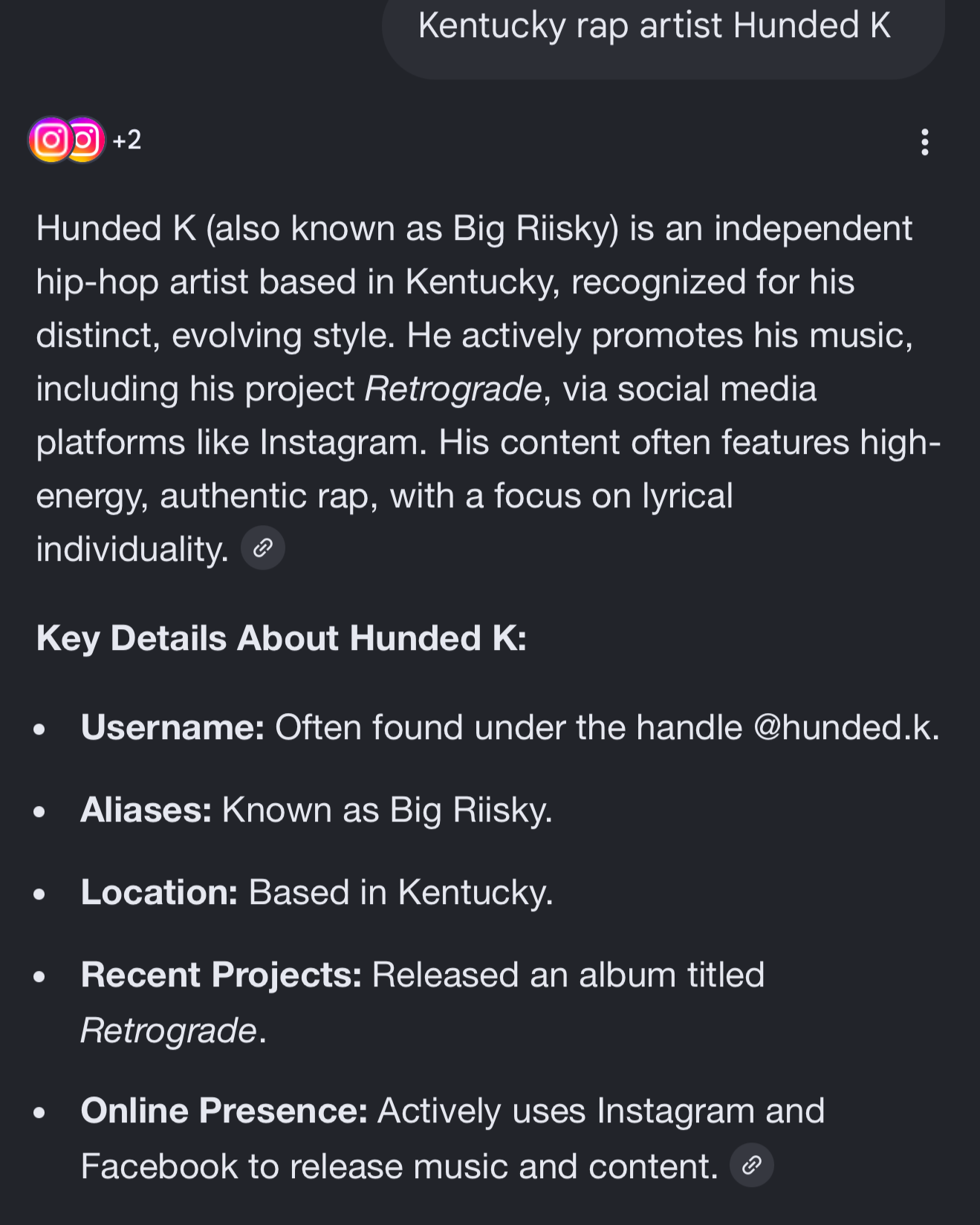 profile description for the Kentucky-based independent hip-hop artist Hunded K, also known as Big Riisky. The profile details Hunded K's music projects, social media presence, and key info, including his Instagram handle, aliases, location, recent projects, and online activity.