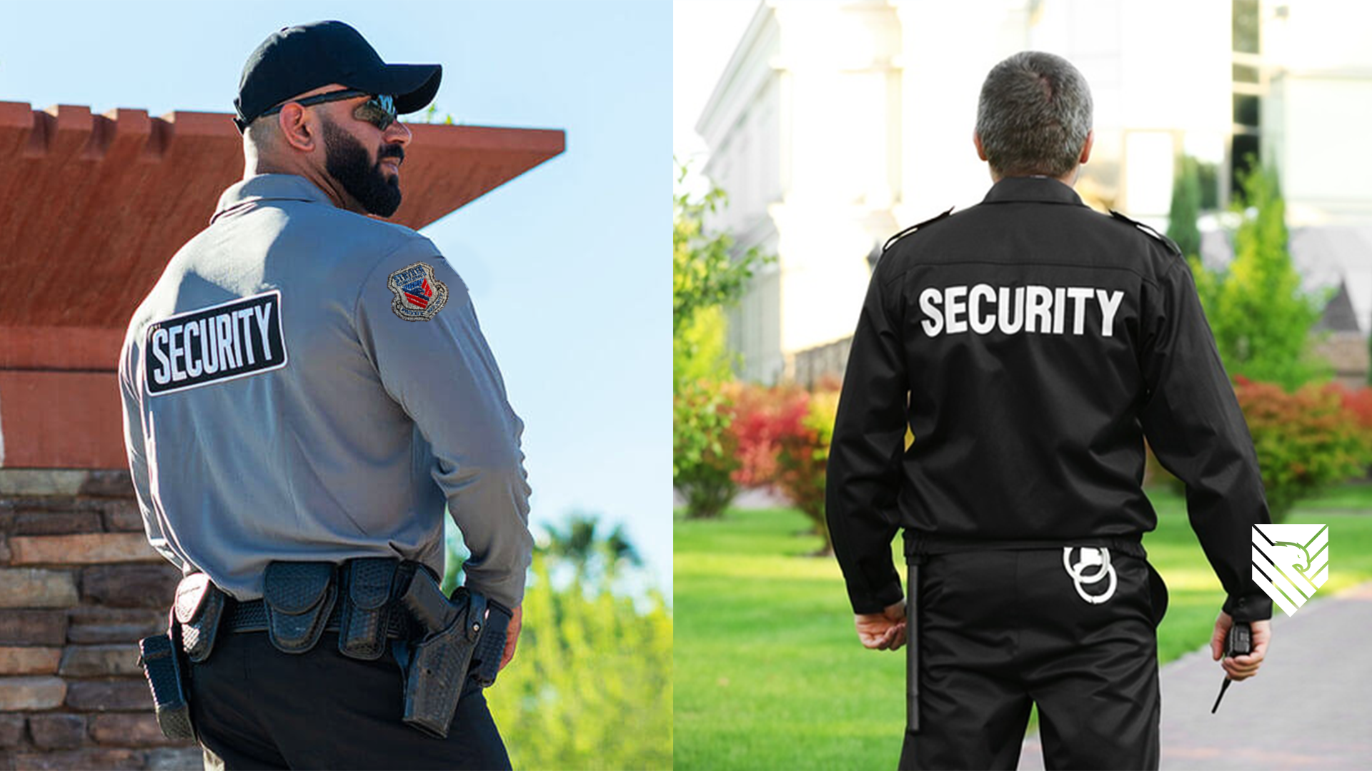 Side view of two security guards standing outdoors near greenery and buildings; one in a light gray uniform with a badge and sunglasses, the other in a black uniform holding a walkie-talkie, both with the word 'SECURITY' on their backs.