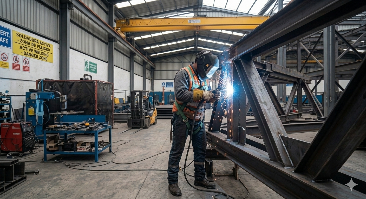 Un trabajador en un taller de metalurgia está soldando una estructura de acero, con chispas volando en el proceso, en un entorno industrial con equipos y herramientas alrededor.