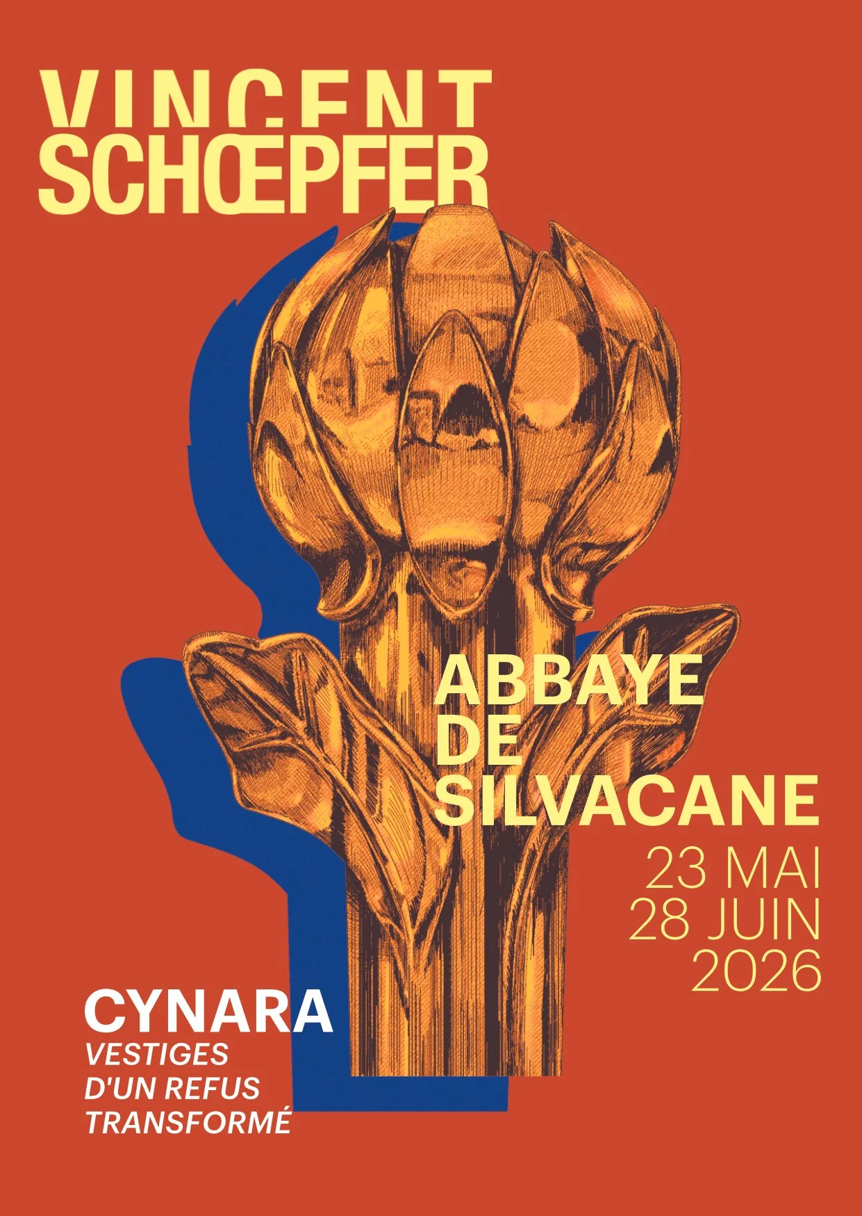 Affiche de l'exposition de Vincent Schoepfer à l'Abbaye de Silvacane, du 23 mai au 28 juin 2026, organisée par Cynara