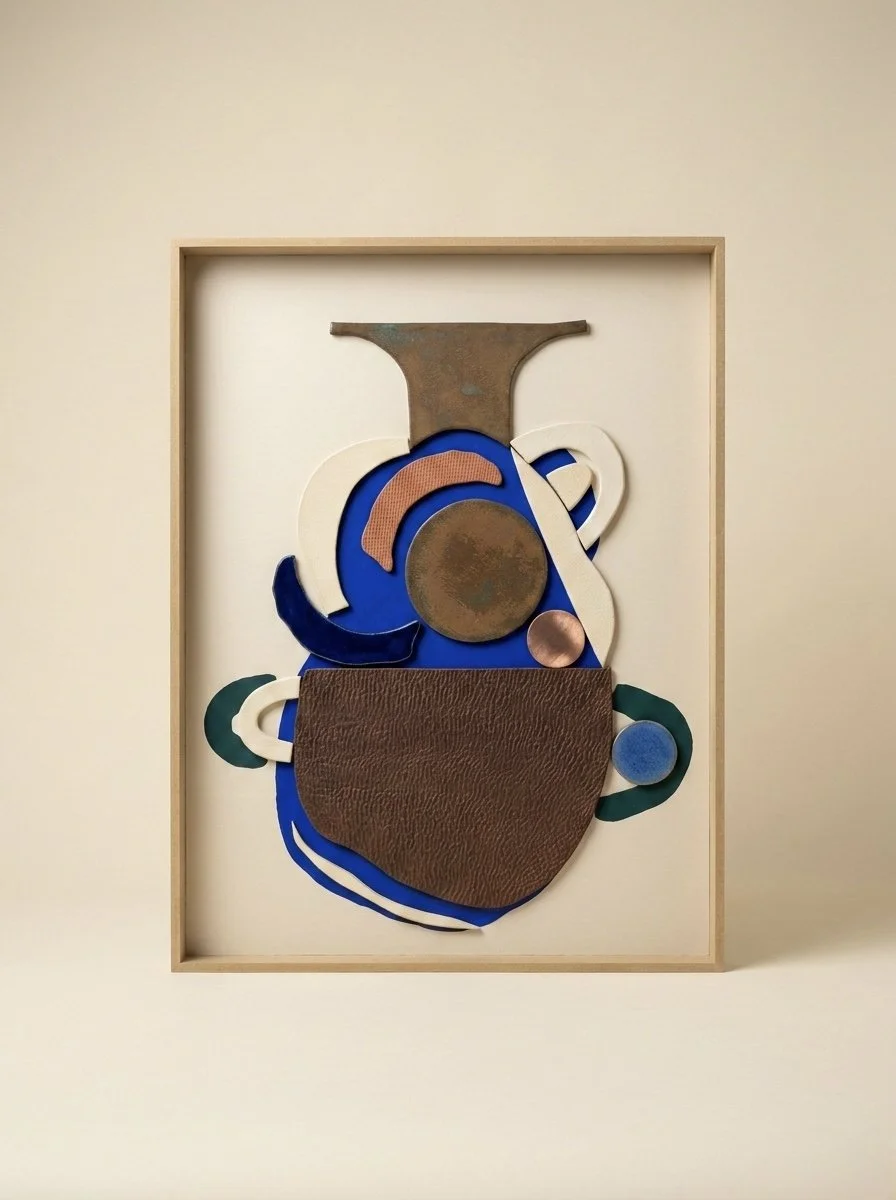 An abstract artwork composed of various shapes and textures made from materials such as metal, leather, and plastic, arranged within a frame