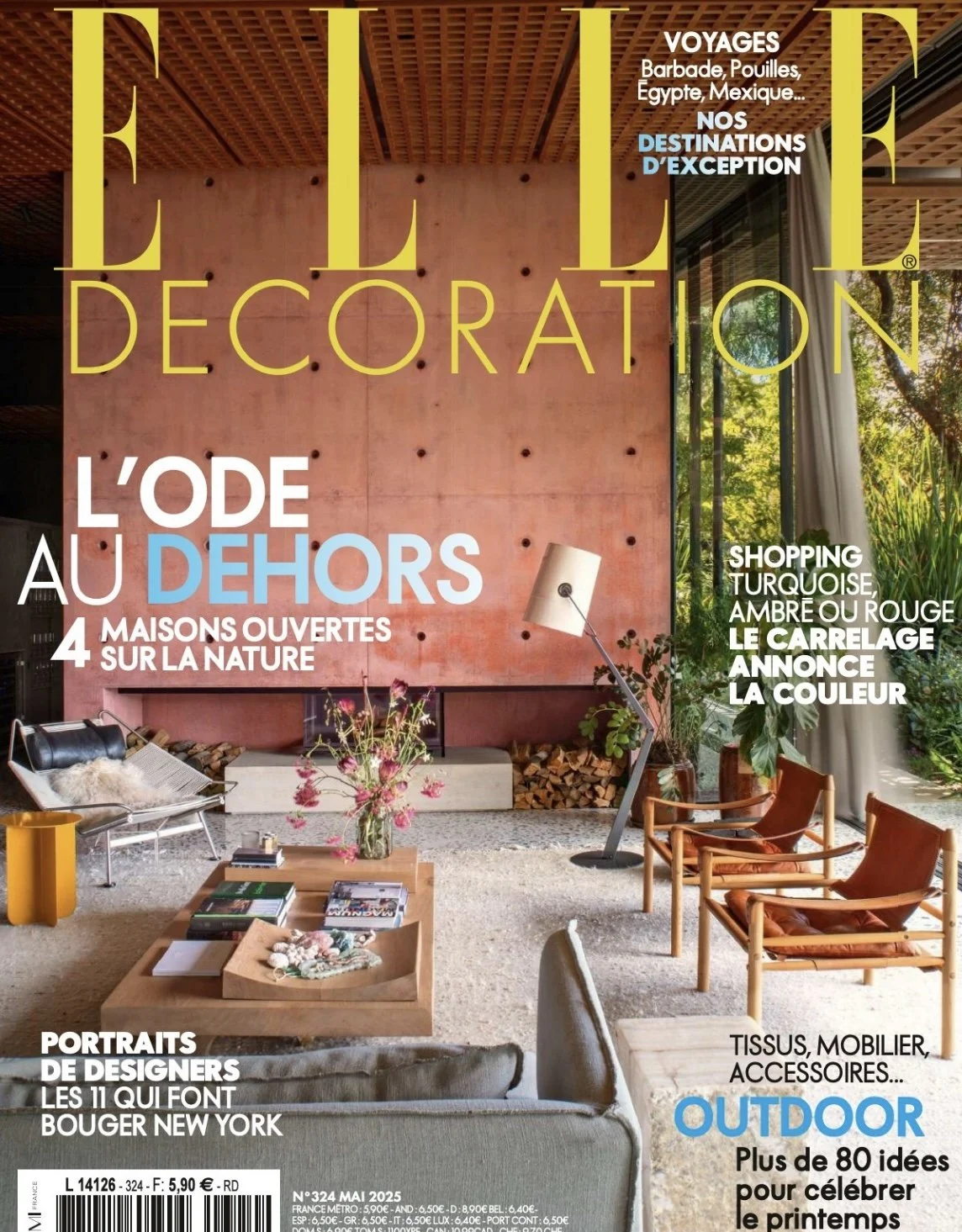 A page from an interior design magazine featuring a modern living room, wooden furniture, plants, and articles in French about travel, the outdoors, and designers.