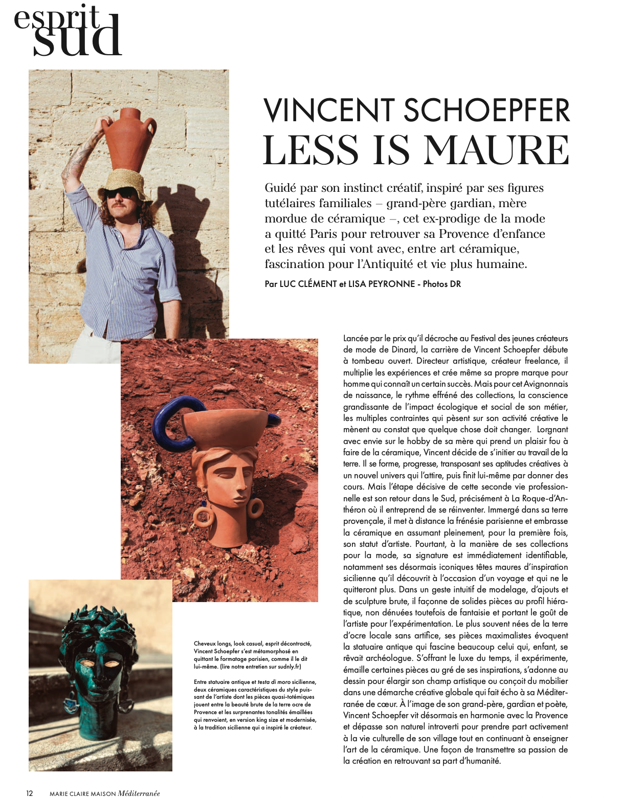 A magazine page featuring an article about Vincent Schoeffer and his ceramic works, accompanied by several photos of ceramic art pieces and a person.