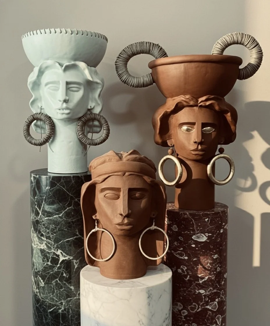 Three sculptures of women's heads adorned with large pieces of jewelry, each mounted on a different marble column, with pots or bowls balanced on their heads, in a contemporary artistic style.