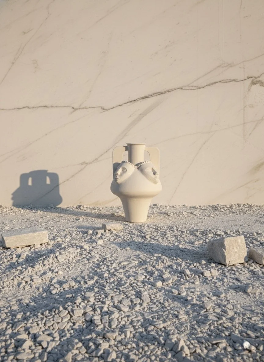 A white sculpture depicting a vase with two human faces in relief, set on a floor covered with small pebbles, with a marble wall in the background.