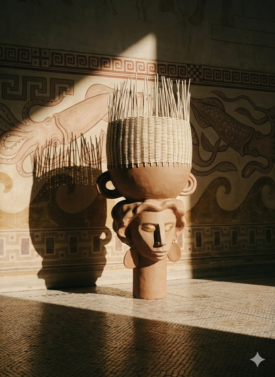 Une sculpture en terre cuite représentant une tête de femme avec de grandes oreilles rectangulaires et une coiffure avec de nombreux bâtons en haut de la tête, située dans une pièce avec un mur décoré de motifs liés à la mythologie ou à l'art ancienne.