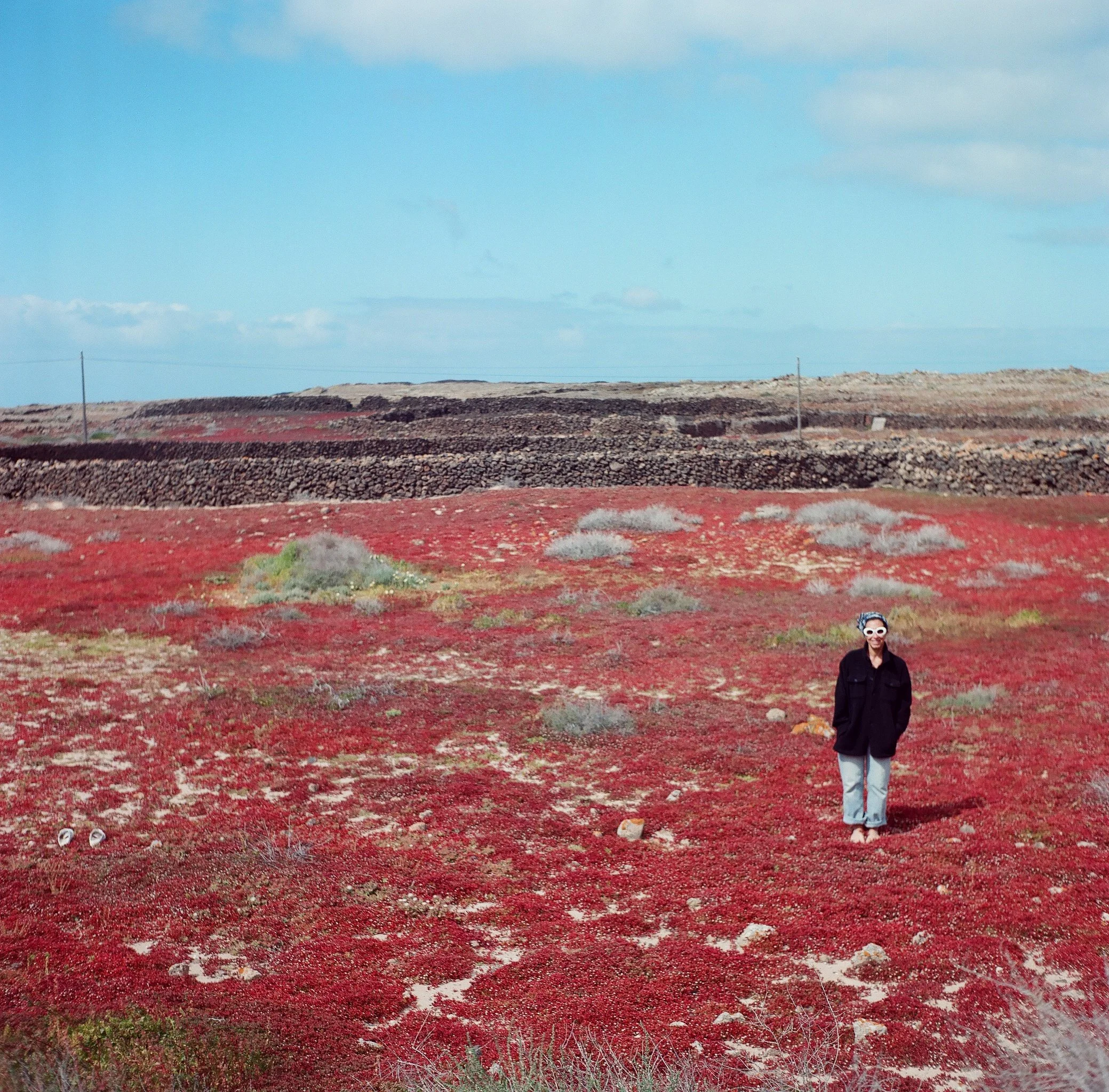 A person wearing sunglasses, a black jacket, and light-colored pants standing in a red, desert-like landscape with sparse vegetation and a stone wall in the background under a partly cloudy sky.