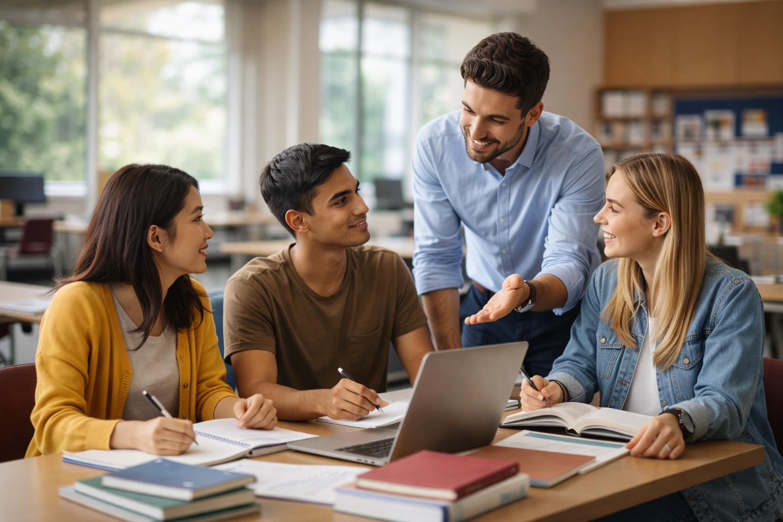 A teacher standing and smiling while talking to four students sitting at a table with notebooks, textbooks, and a laptop in a classroom.
