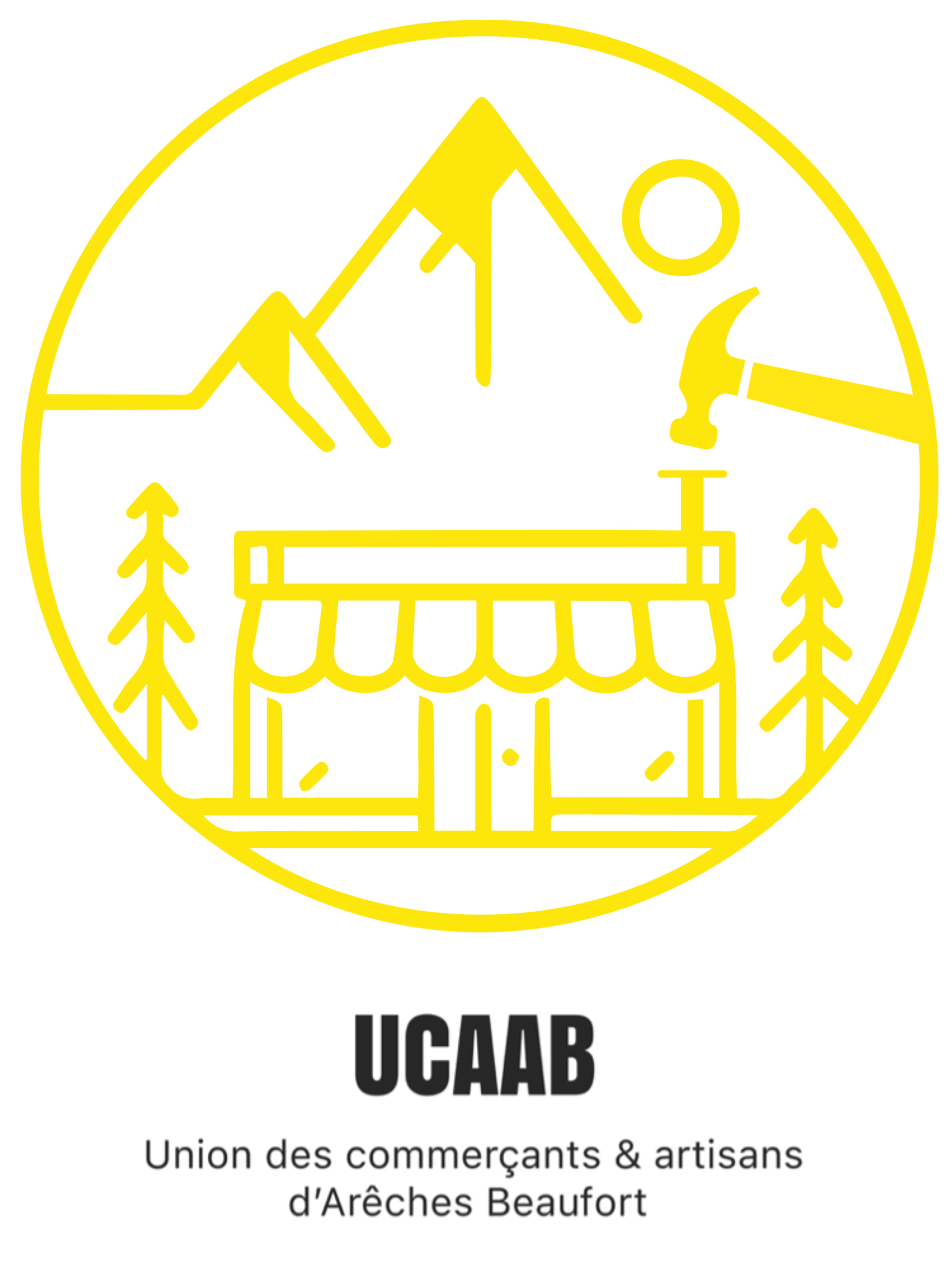 Icône jaune représentant un paysage avec montagne, soleil, arbre, maison et activités agricoles dans un cercle.