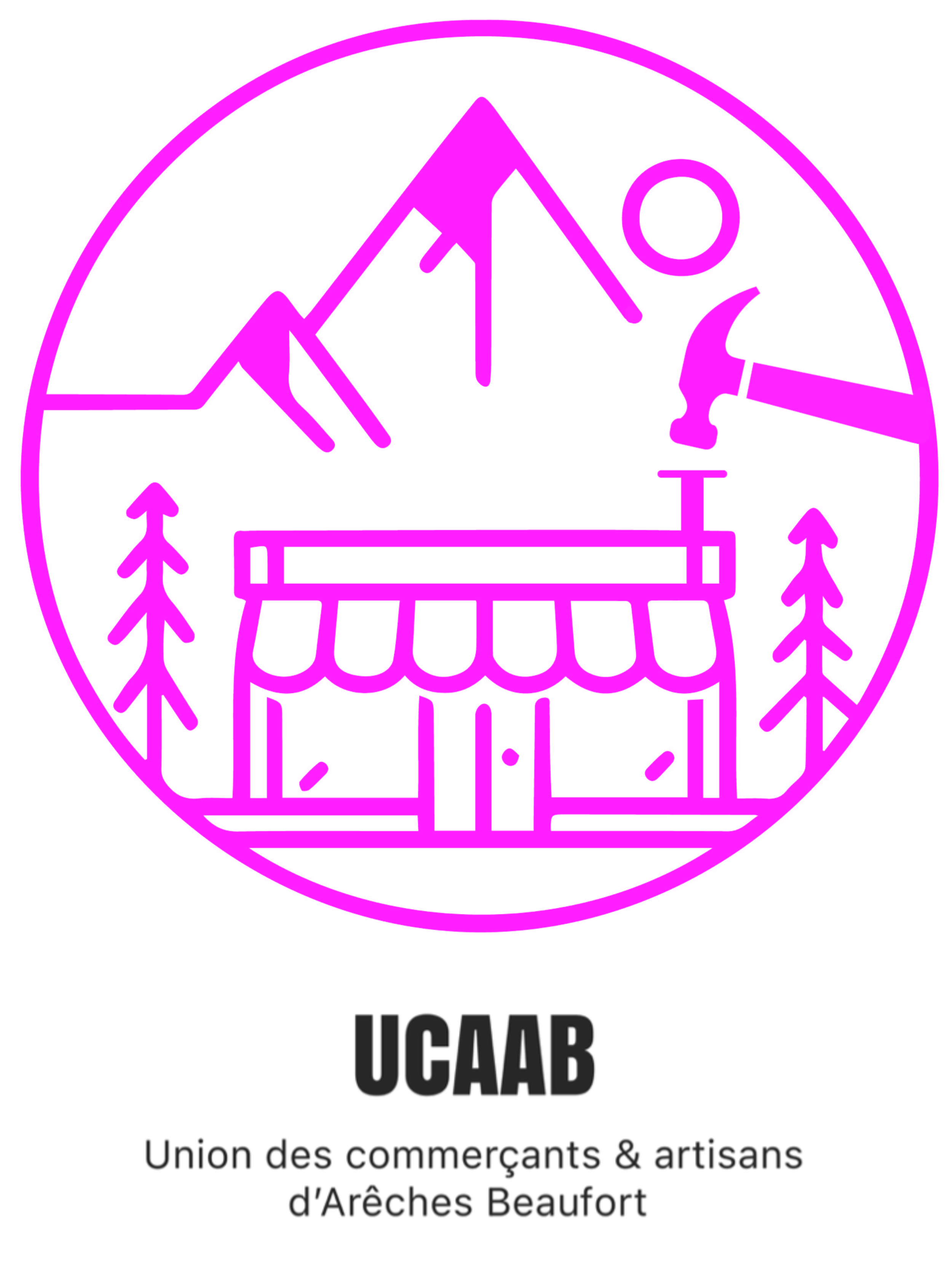 Logo rose fluo représentant une maison, des arbres, une montagne, et un marteau, avec un cercle autour.