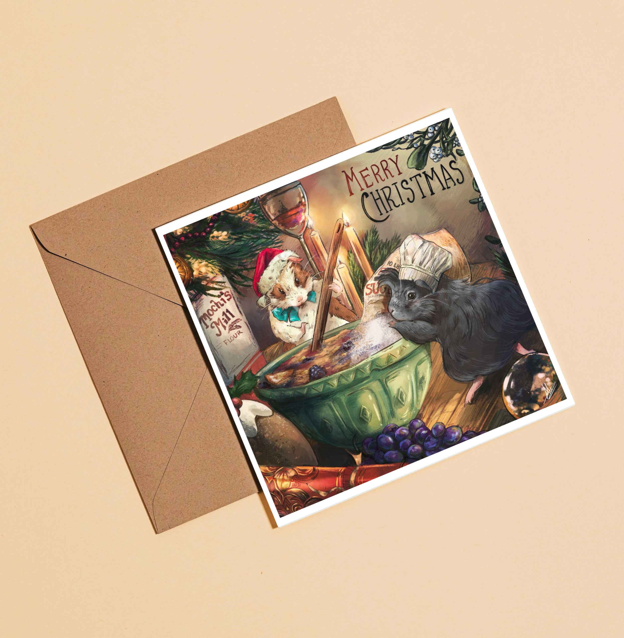 Whimsical Baking Guinea Pigs Christmas Card