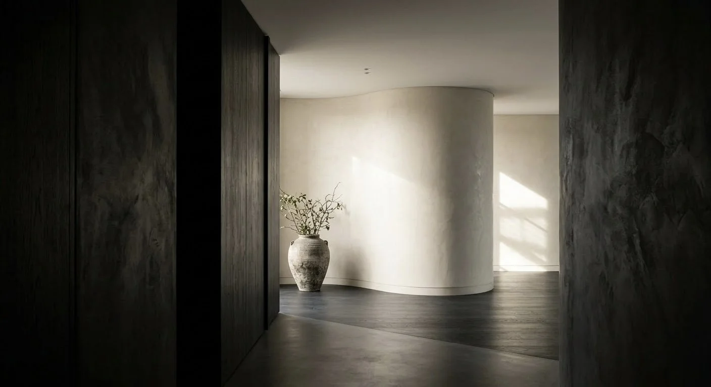 这张图采用了不同的透视，从幽暗的入口走廊（深色、粗糙的抹灰墙体）望向阳光充足的弧形空间。它强调了从外部的喧嚣到内部宁静的强大“转换力”。一个巨大的纹理陶瓷花瓶静静矗立，引导视线。