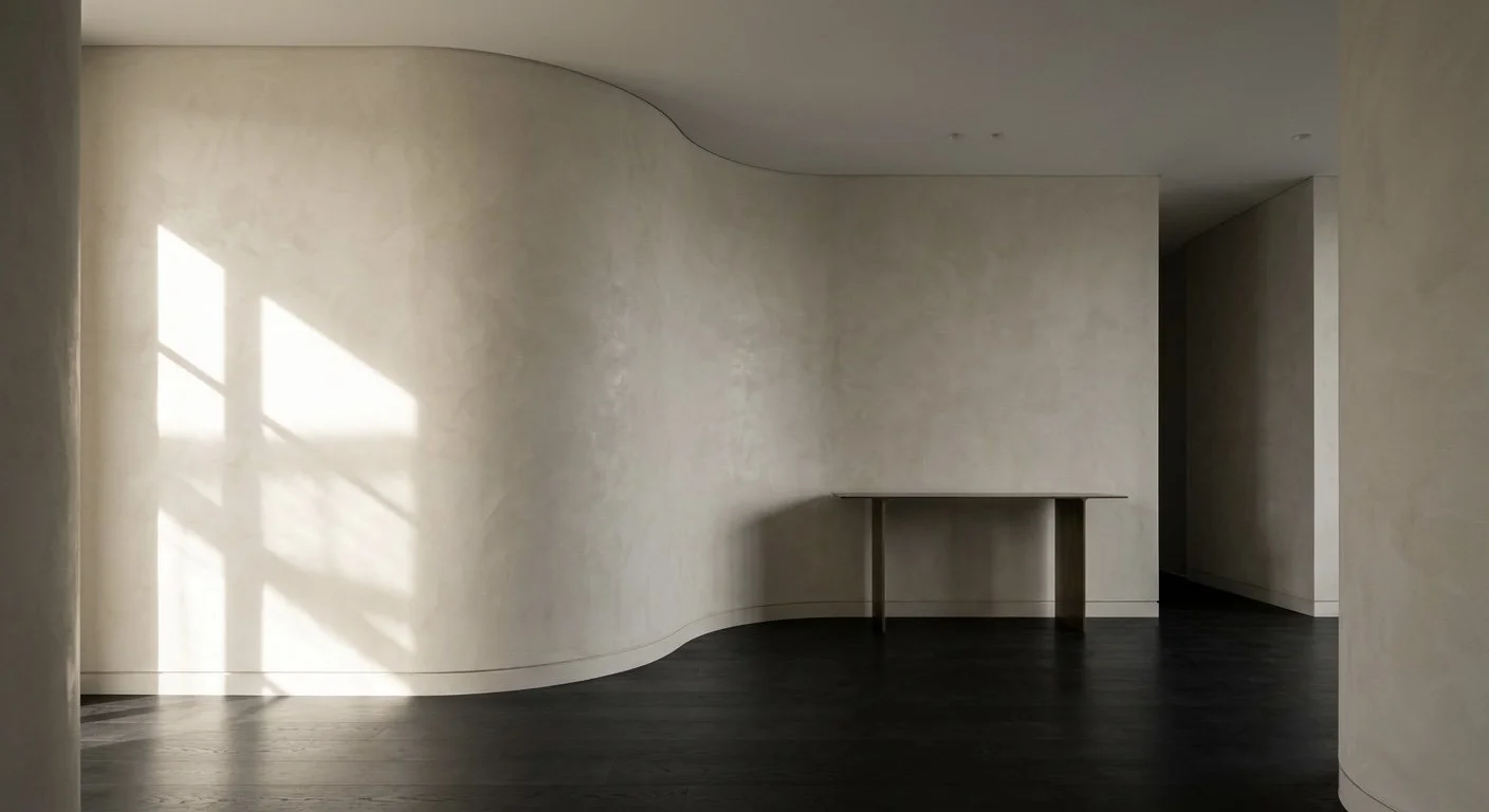 这张图展示了一个充满力量感的弧形墙体（Venetian Plaster 纹理），它优雅地重塑了光影，在风水上完美起到了“藏风聚气（Hiding wind and gathering energy）”的作用。深色橡木地板提供了沉稳的底色。