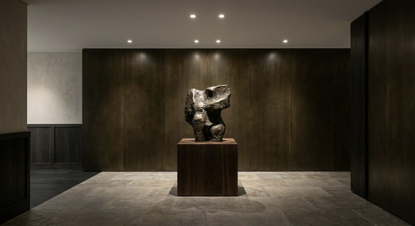 这张图采用了更宽的视角，展示了艺术品与整体空间的关系。通过地面材质（深色橡木到石材的转换）和建筑结构引导，艺术品成为了唯一的、无可忽视的视觉锚点。展现了 Kinley 品牌在“艺术资产策展”上的绝对权威。