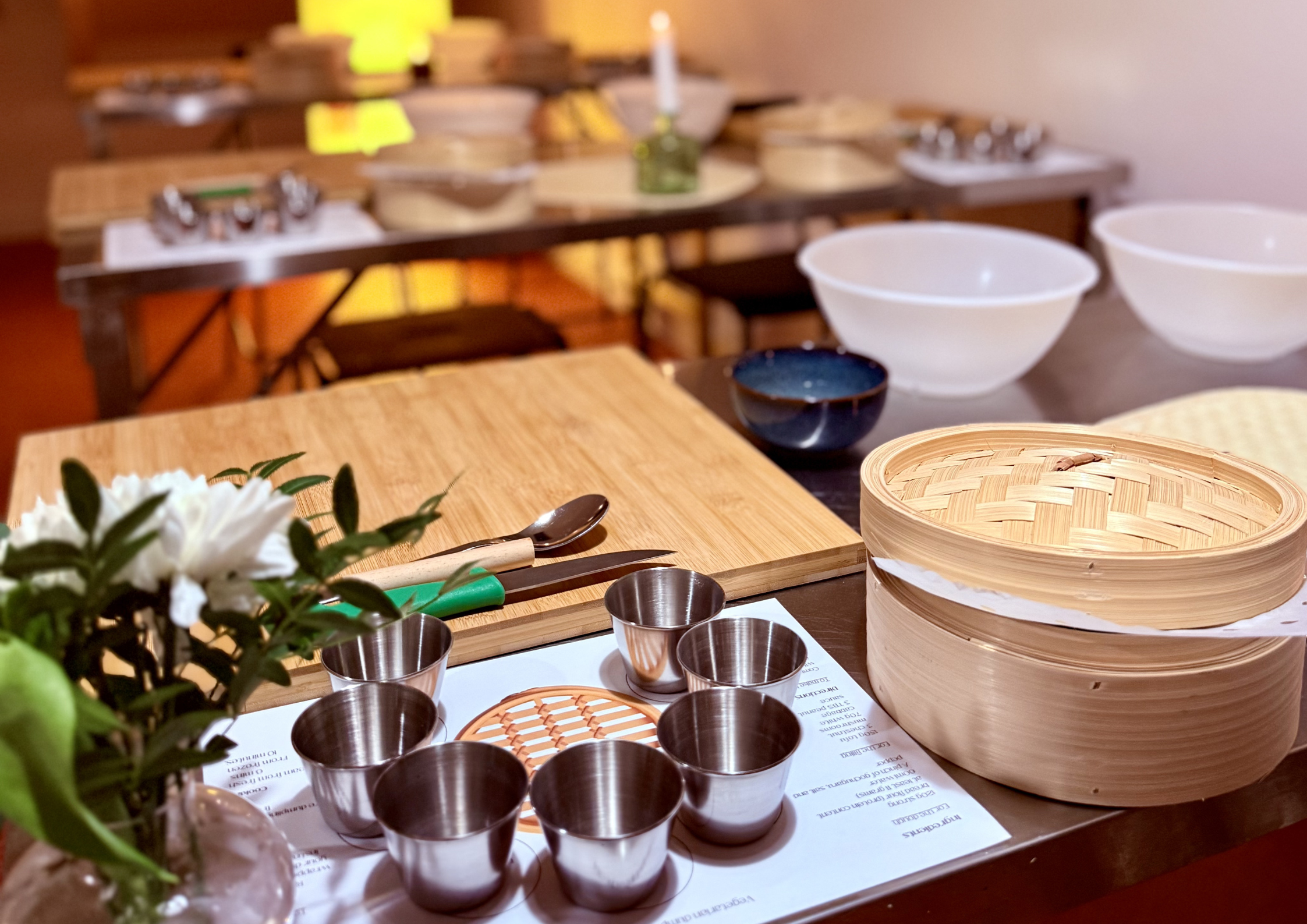 Equipment ready for a cookery class at Oi Dumplings Cookery School in Marsden, West Yorkshire.